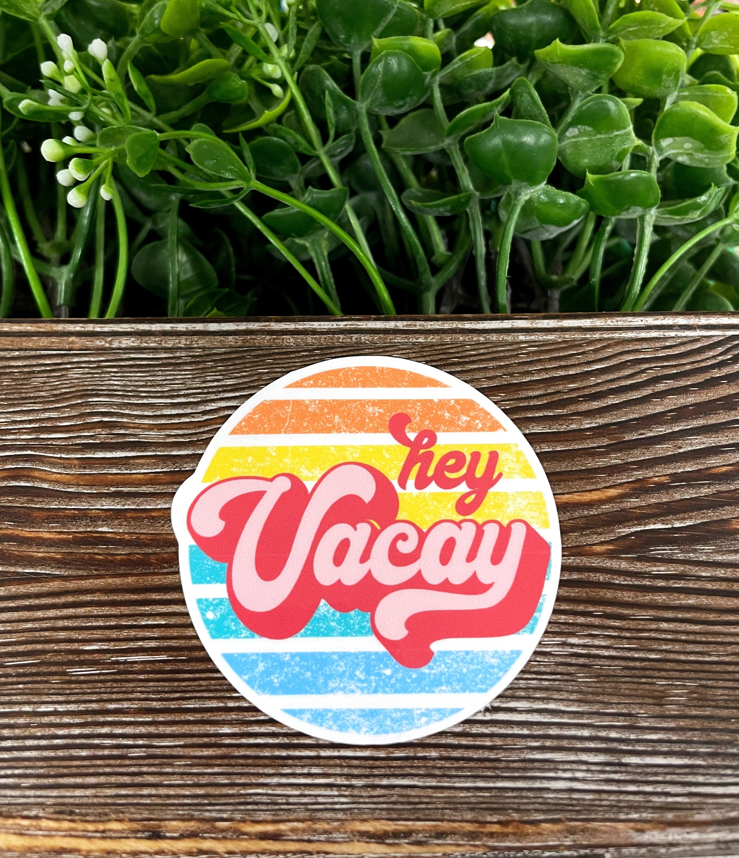 Colorful die cut vacation sticker featuring graphic art, perfect for personalizing various surfaces.