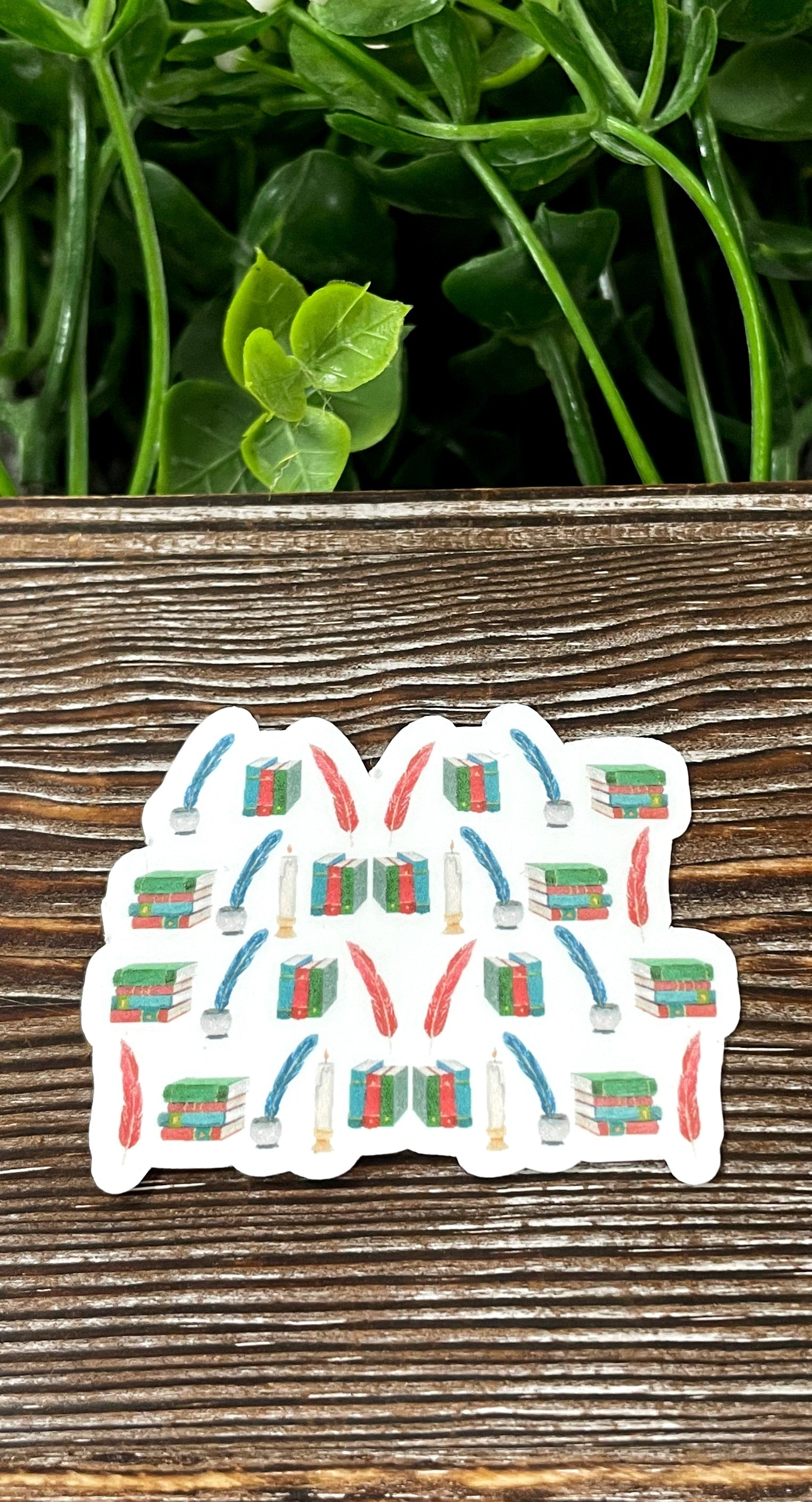 Vintage Books and Quill die cut sticker featuring a classic book design and quill, perfect for personalizing items.