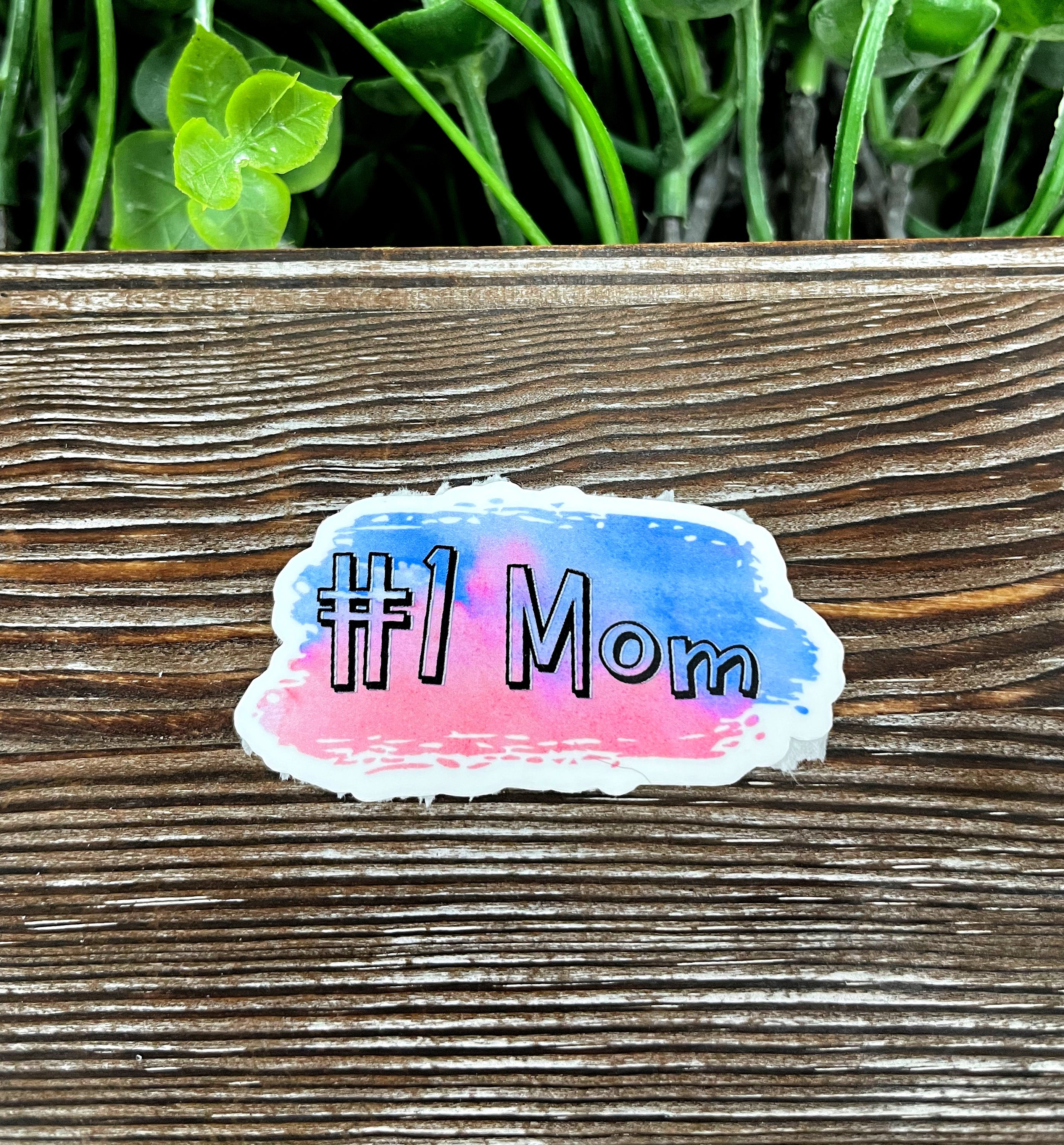 Watercolor #1 Mom Die Cut Sticker featuring vibrant colors and artistic design, perfect for personalizing items.