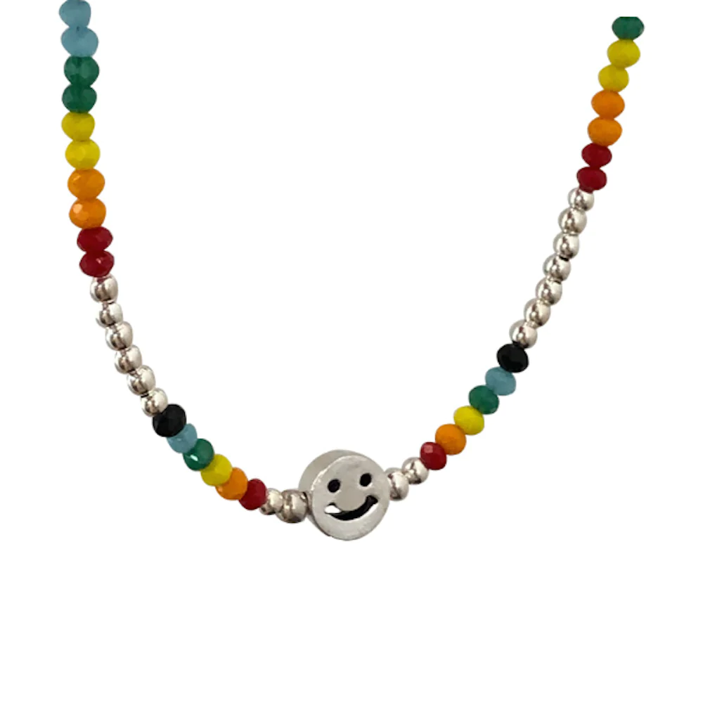 A vibrant women's beaded necklace featuring a happy face design, perfect for summer fashion.