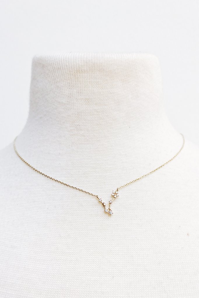 Zodiac Collection Necklace featuring 12 zodiac signs in gold dipped brass with cubic zirconia accents, elegantly displayed.