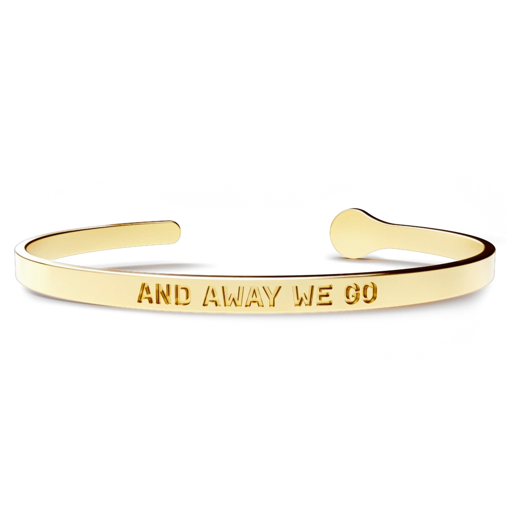 A beautiful 'And Away We Go' bracelet made of hypoallergenic stainless steel with a luxurious 24k gold coating, designed to fit most wrist sizes.