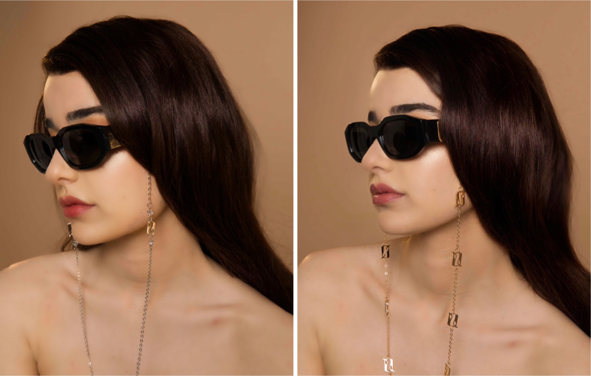 A stylish golden eyeglass-mask chain featuring a double letter A design, symbolizing light and beginnings, perfect for securing glasses and masks.