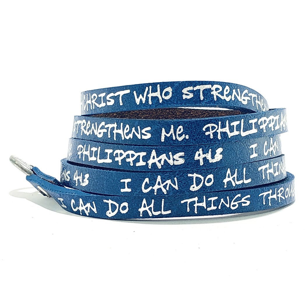 Royal blue wrap around featuring Philippians 4:13 verse, stylish and inspirational accessory.