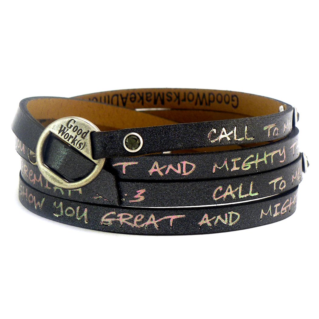 Black leather wrap bracelet featuring Jeremiah 33:3 verse and smoke crystals, secured with a custom Good Works buckle.