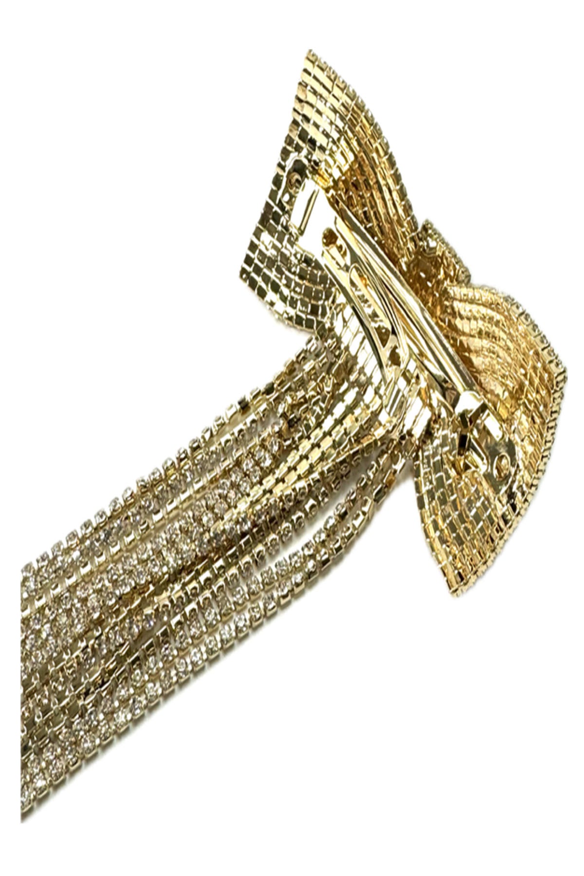 A glamorous Bow Rhinestone Hair Clip featuring a sparkling rhinestone bow and a delicate tassel, perfect for elegant hairstyles.