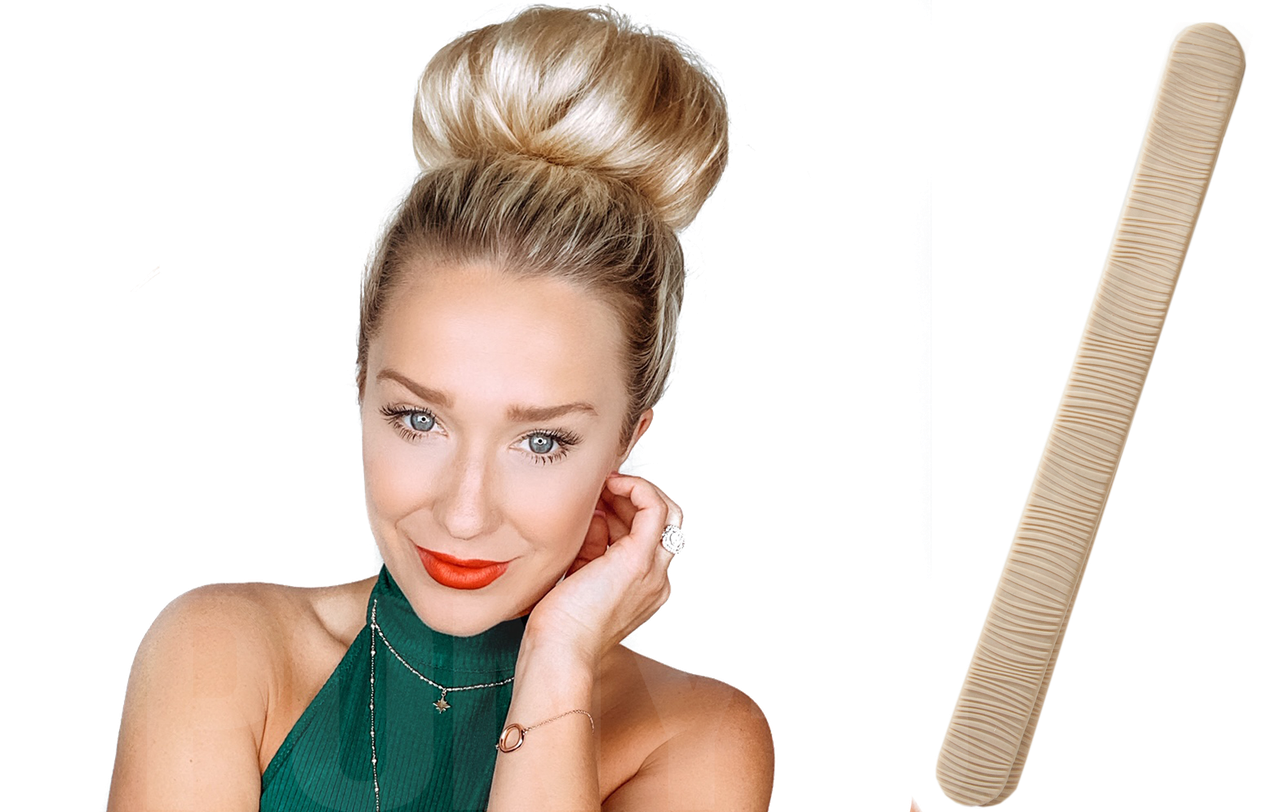 The Bun Bar hair accessory designed for creating flawless buns quickly and easily, featuring a patented design that hides in your hair.