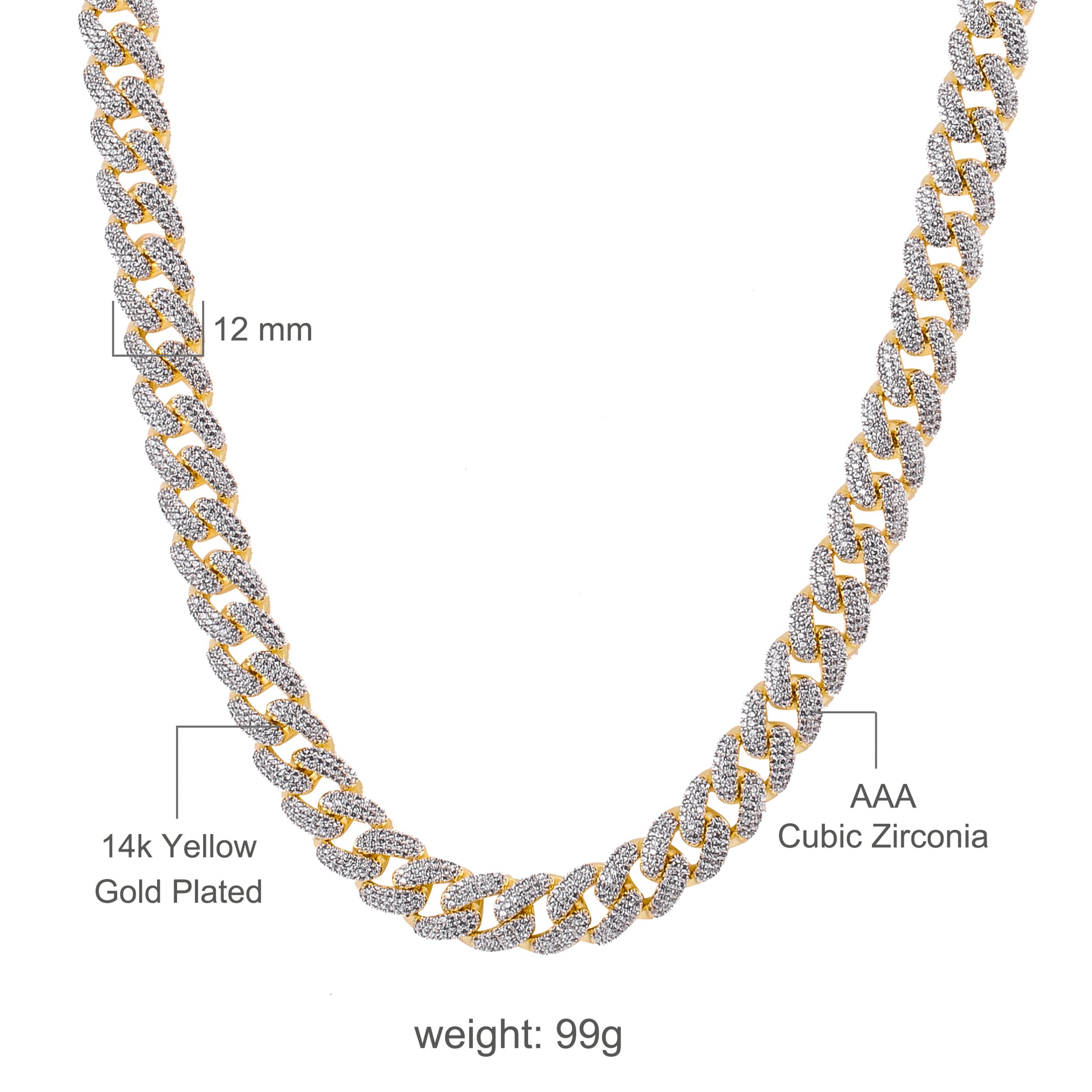 CAMEO 8MM Cuban Chain featuring luxurious Cubic Zirconia stones on a brass copper metal base, showcasing its elegant design.