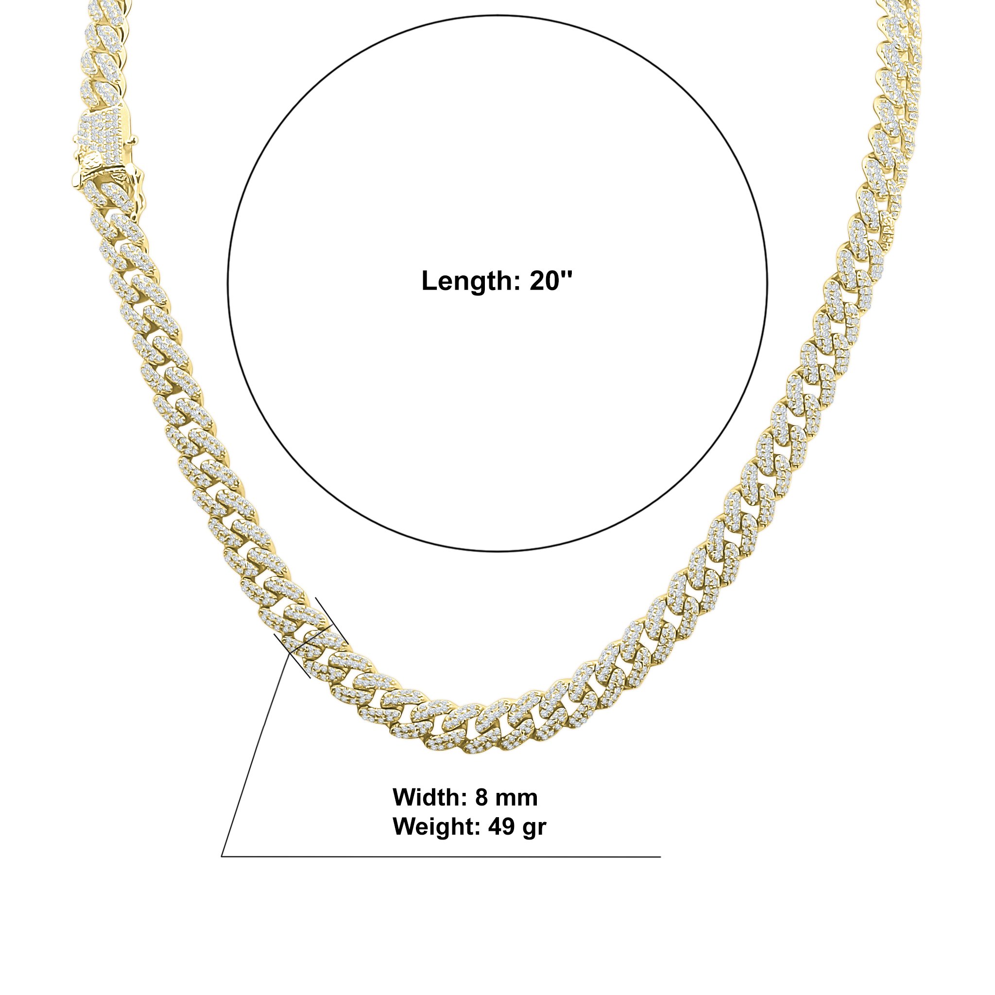 CAMEO 8MM Cuban Chain featuring luxurious Cubic Zirconia stones on a brass copper metal base, showcasing its elegant design.