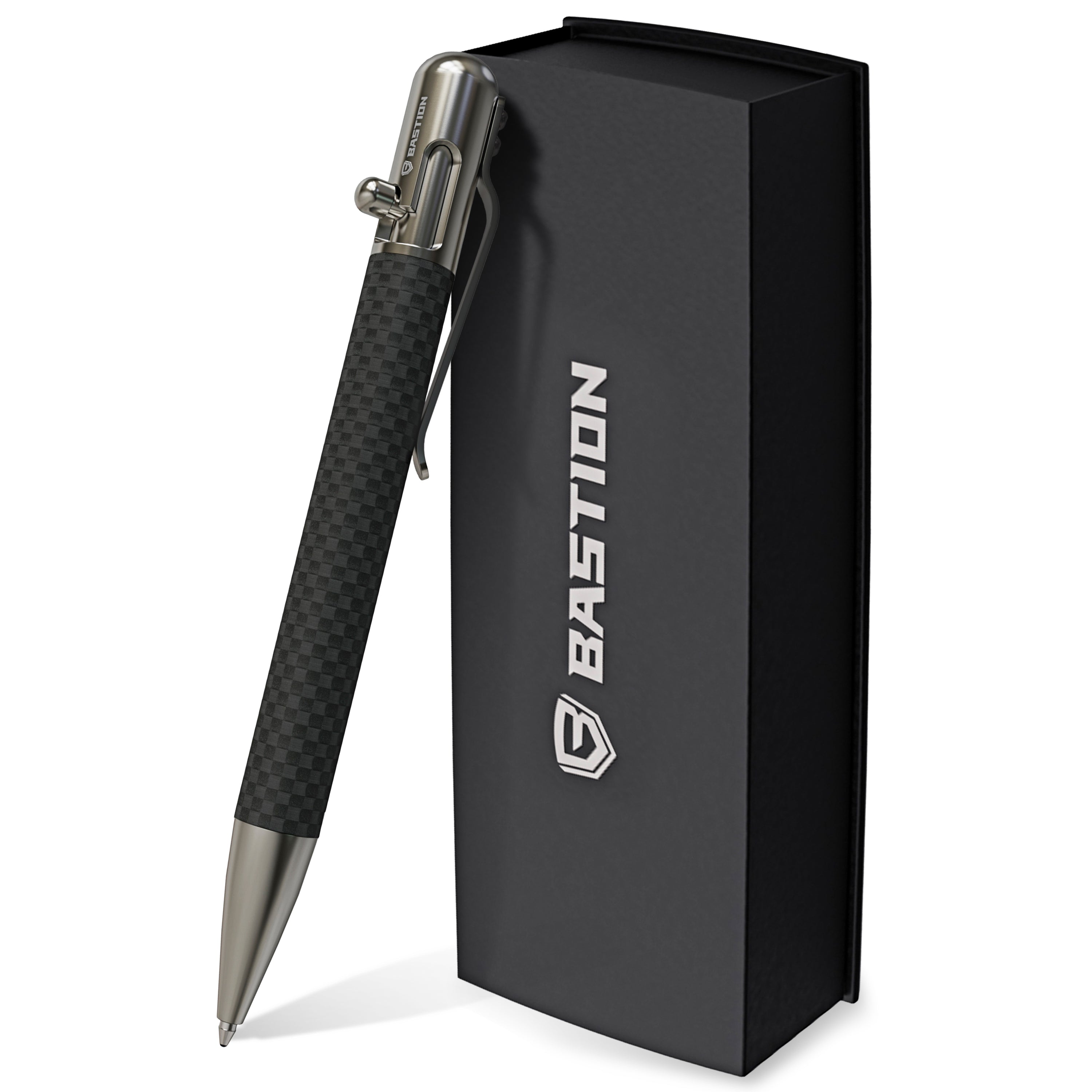 Carbon Fiber and Stainless Steel Bolt Action Pen by Bastion, showcasing its sleek design and premium materials.