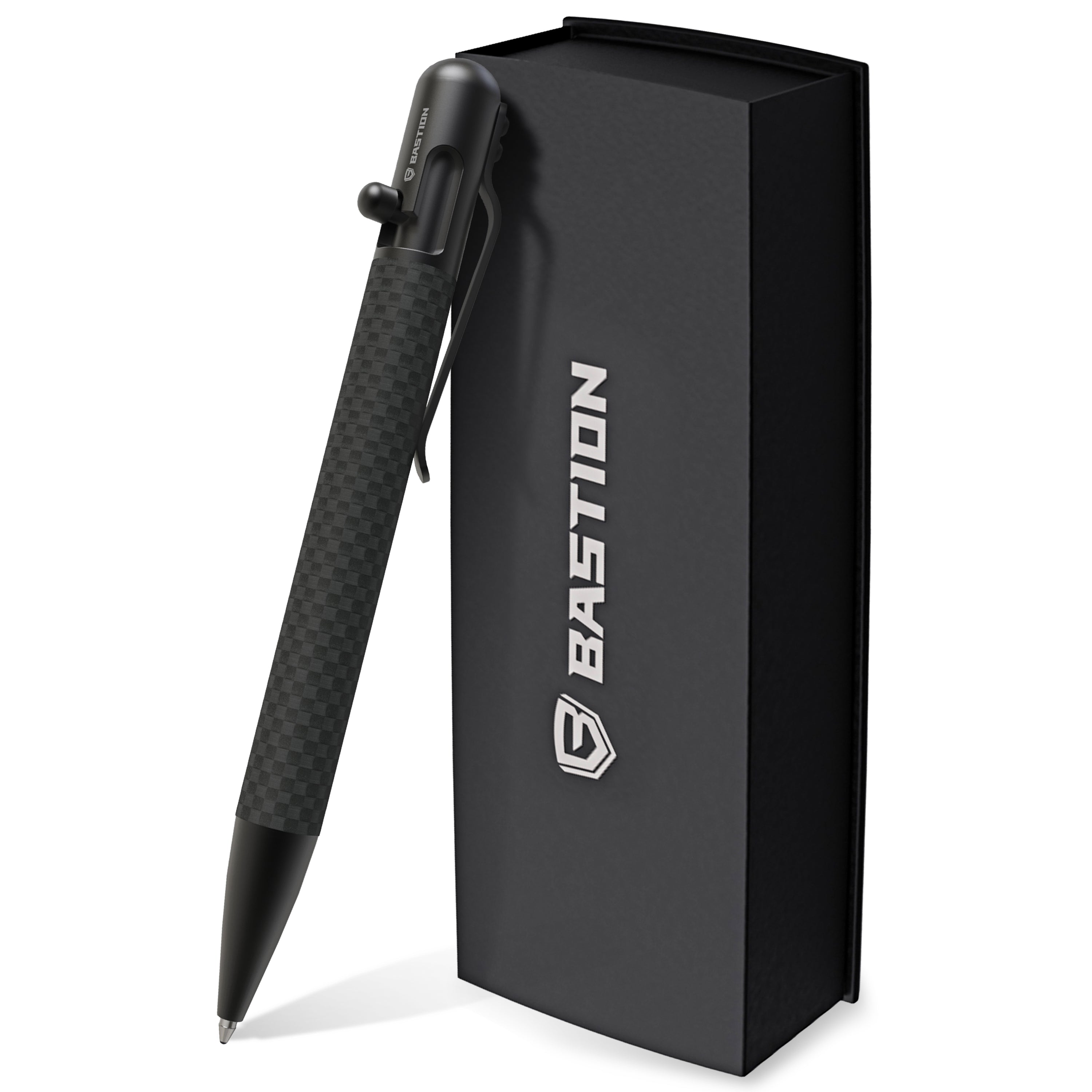 Carbon Fiber and Stainless Steel Bolt Action Pen by Bastion, showcasing its sleek design and premium materials.