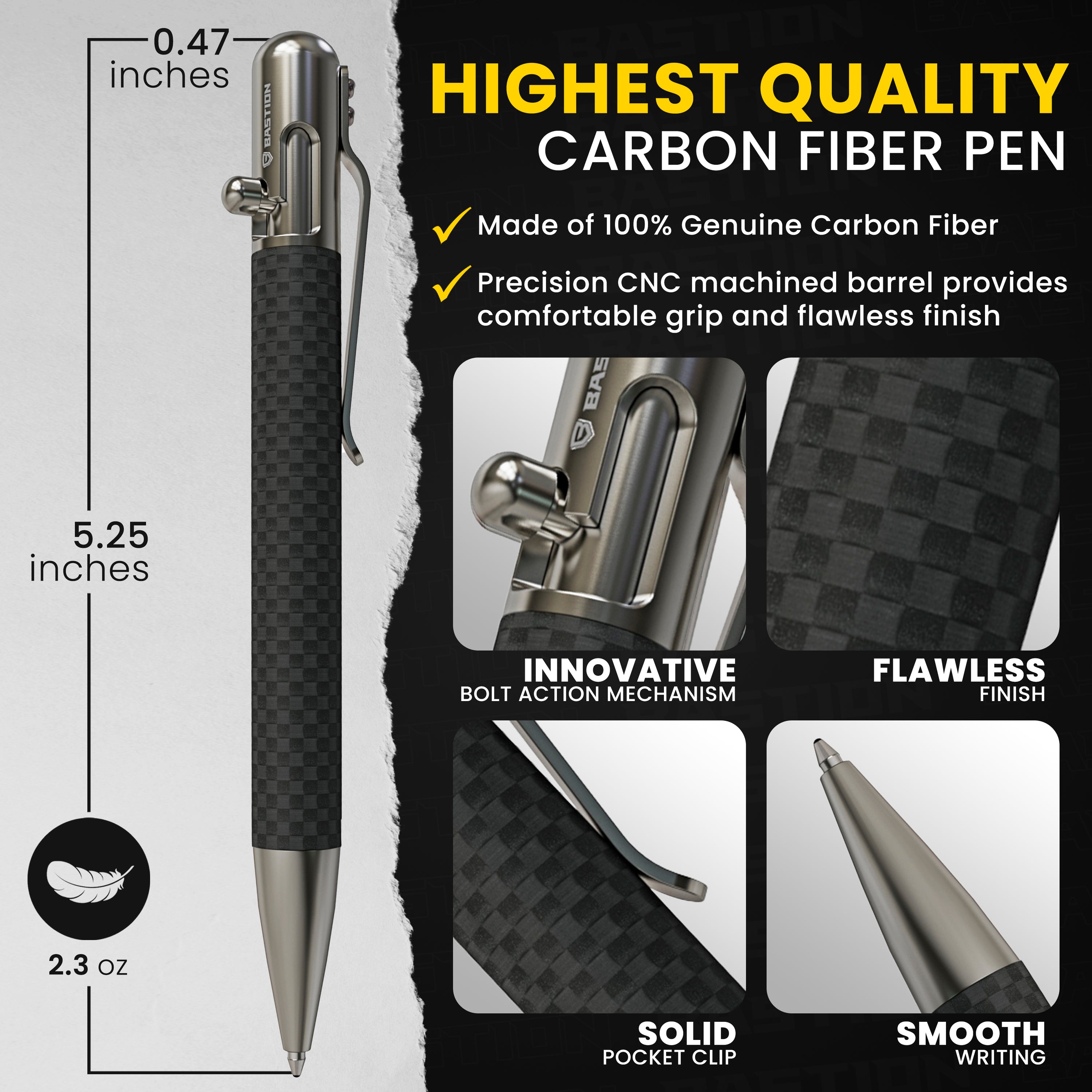 Carbon Fiber and Stainless Steel Bolt Action Pen by Bastion, showcasing its sleek design and premium materials.