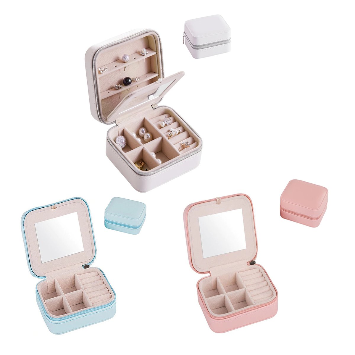 Cool Jewels Palm Sized Compact Jewelry Box in Powder Pink and Sky Blue, featuring vegan leather exterior and suede lining, designed for earrings, rings, and bracelets.