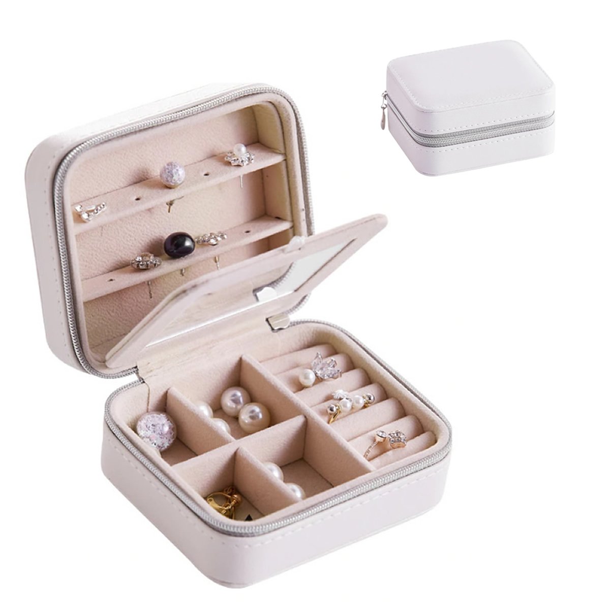 Cool Jewels Palm Sized Compact Jewelry Box in Powder Pink and Sky Blue, featuring vegan leather exterior and suede lining, designed for earrings, rings, and bracelets.