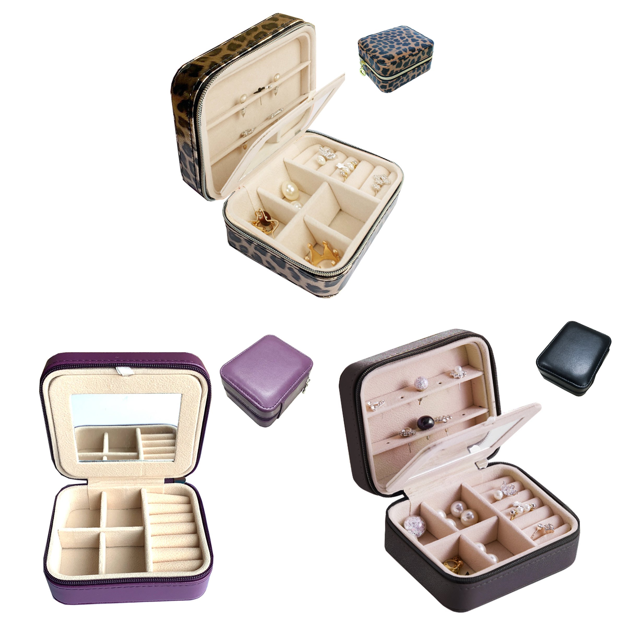 Cool Jewels Palm Sized Compact Jewelry Box in Powder Pink and Sky Blue, featuring vegan leather exterior and suede lining, designed for earrings, rings, and bracelets.