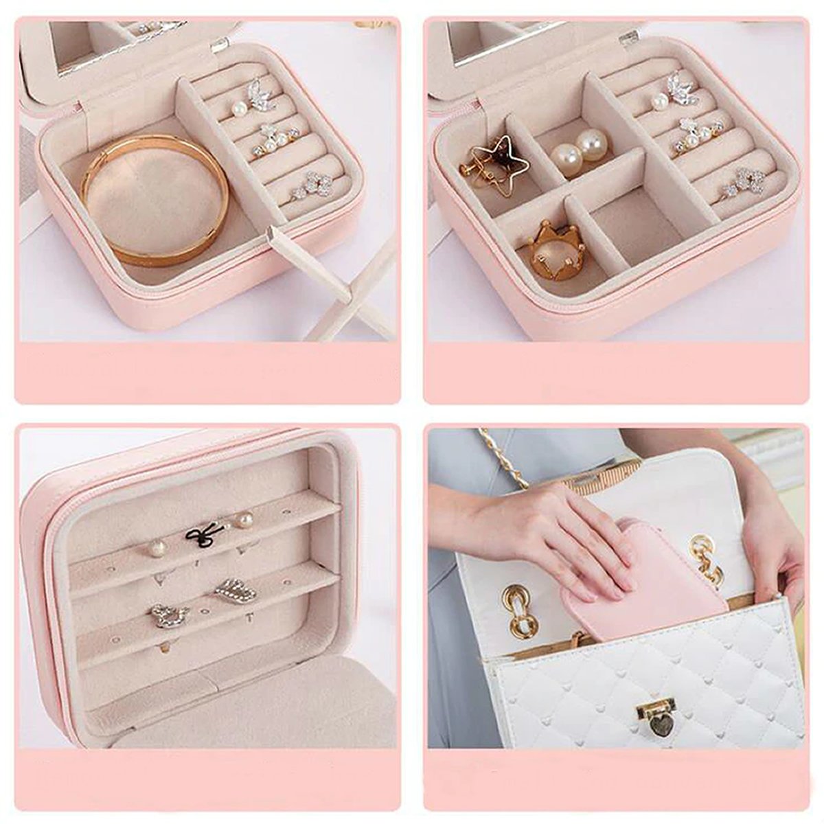 Cool Jewels Palm Sized Compact Jewelry Box in Powder Pink and Sky Blue, featuring vegan leather exterior and suede lining, designed for earrings, rings, and bracelets.