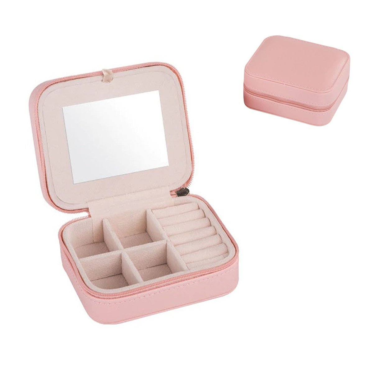 Cool Jewels Palm Sized Compact Jewelry Box in Powder Pink and Sky Blue, featuring vegan leather exterior and suede lining, designed for earrings, rings, and bracelets.