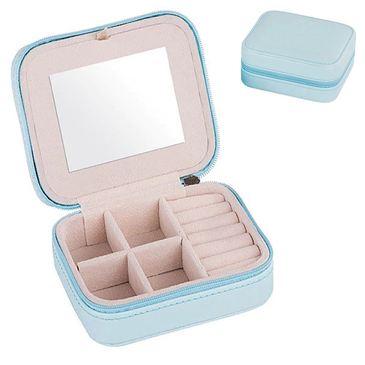 Cool Jewels Palm Sized Compact Jewelry Box in Powder Pink and Sky Blue, featuring vegan leather exterior and suede lining, designed for earrings, rings, and bracelets.