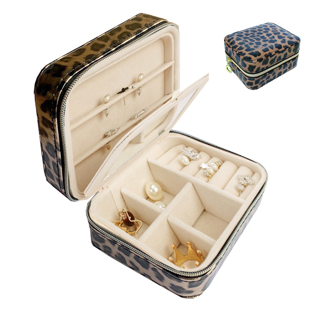 Cool Jewels Palm Sized Compact Jewelry Box in Powder Pink and Sky Blue, featuring vegan leather exterior and suede lining, designed for earrings, rings, and bracelets.