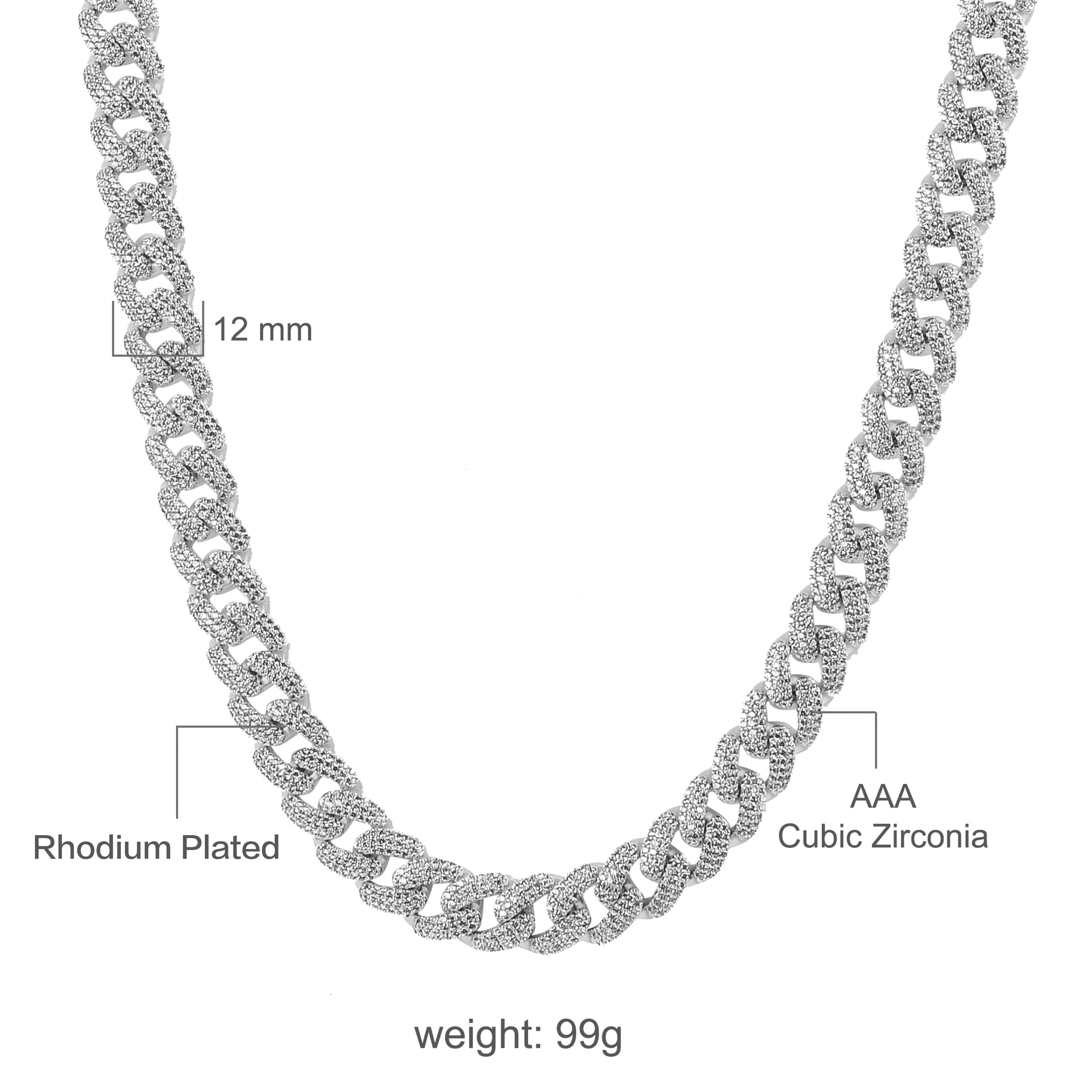 COLT 12MM Cuban Chain featuring luxurious Cubic Zirconia stones on brass copper metal, showcasing a bold and elegant design.