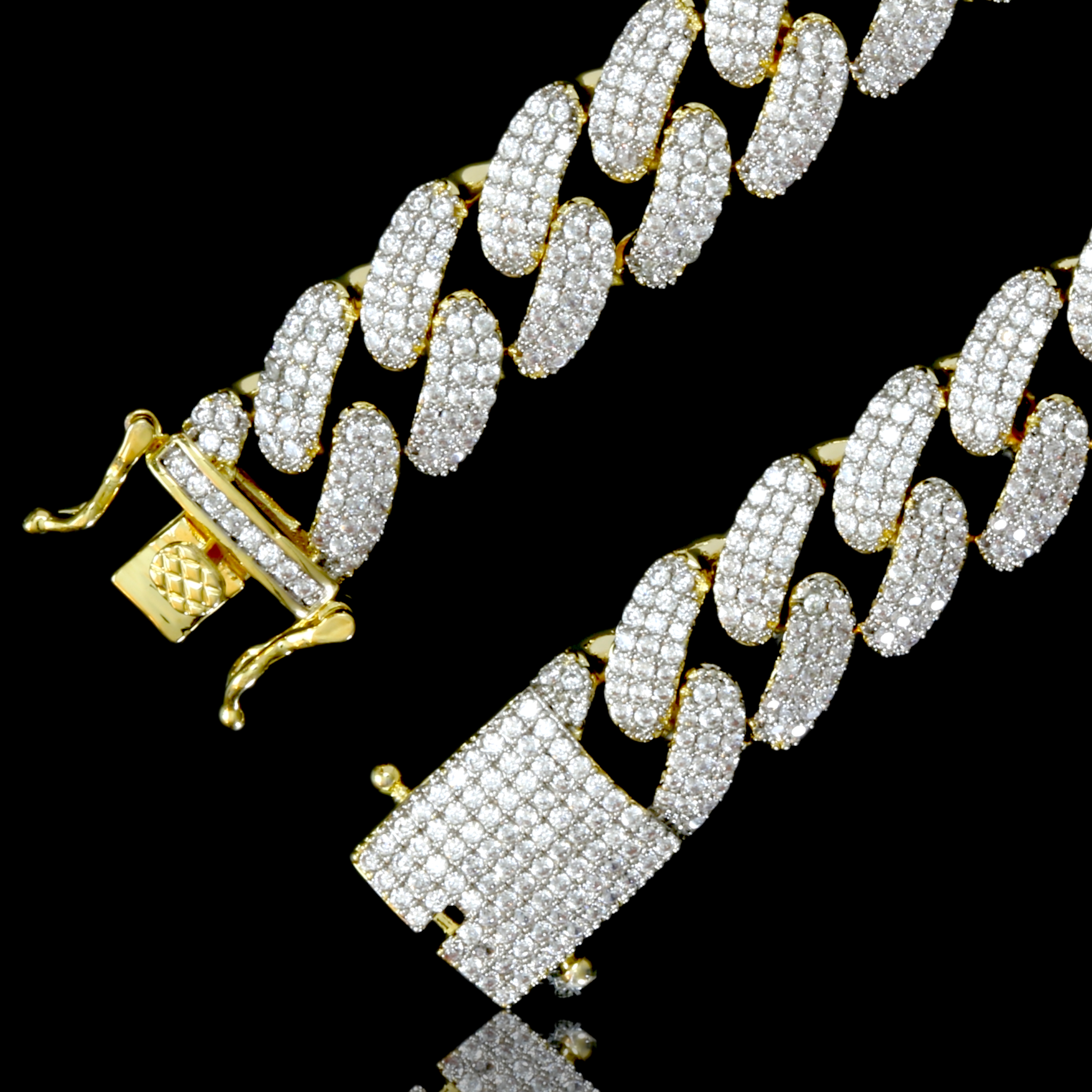 COLT 12MM Cuban Chain featuring hand-set Cubic Zirconia stones on brass copper links, showcasing a luxurious and sophisticated design.