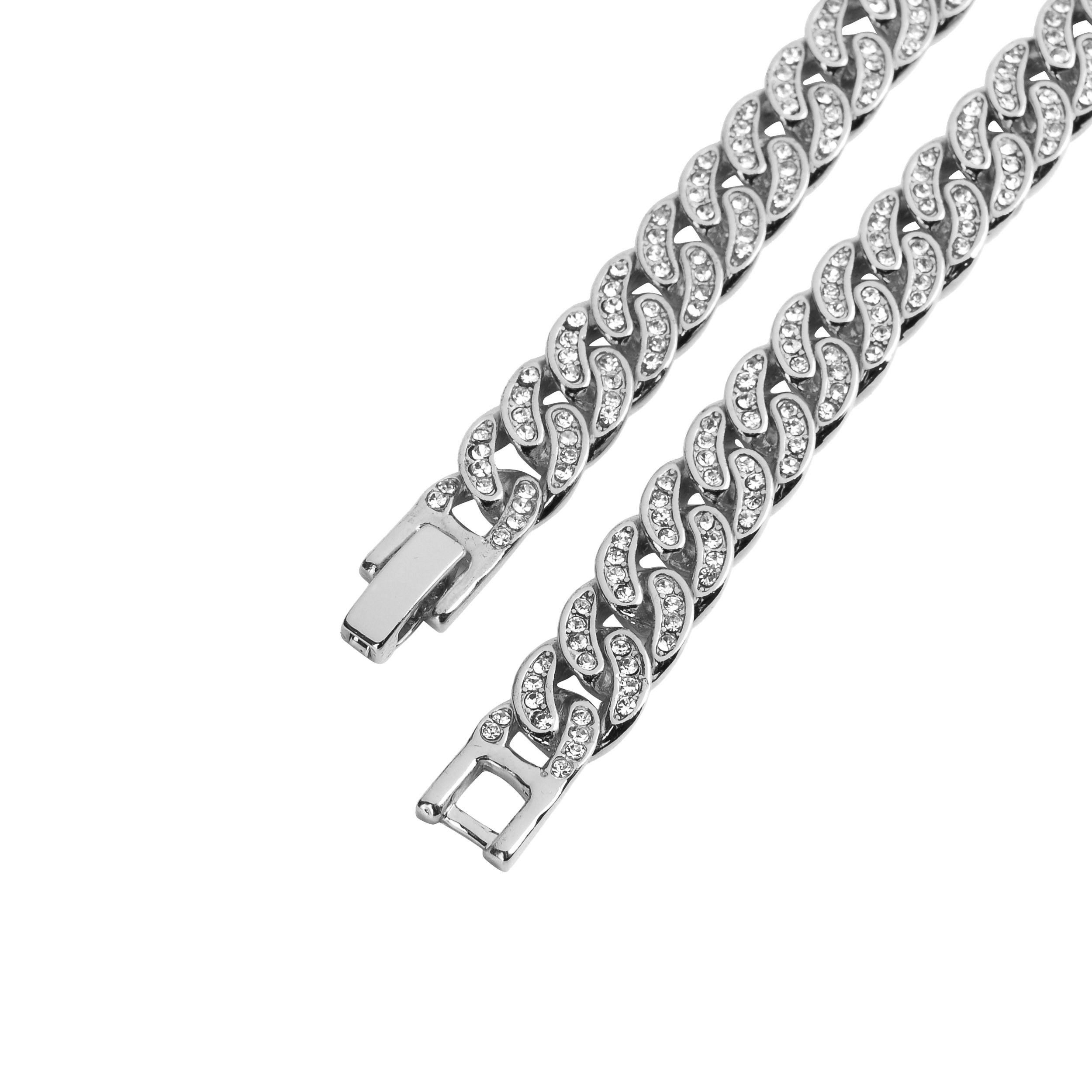 CREW 8 MM Cuban Chain featuring rhinestone crystals, solid brass material, and a fold-over clasp, elegantly displayed on a neutral background.