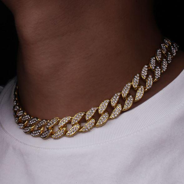 CREW BM 13 MM Cuban Chain featuring rhinestone crystals, solid brass material, and a fold-over clasp, showcasing its intricate design and bold thickness.