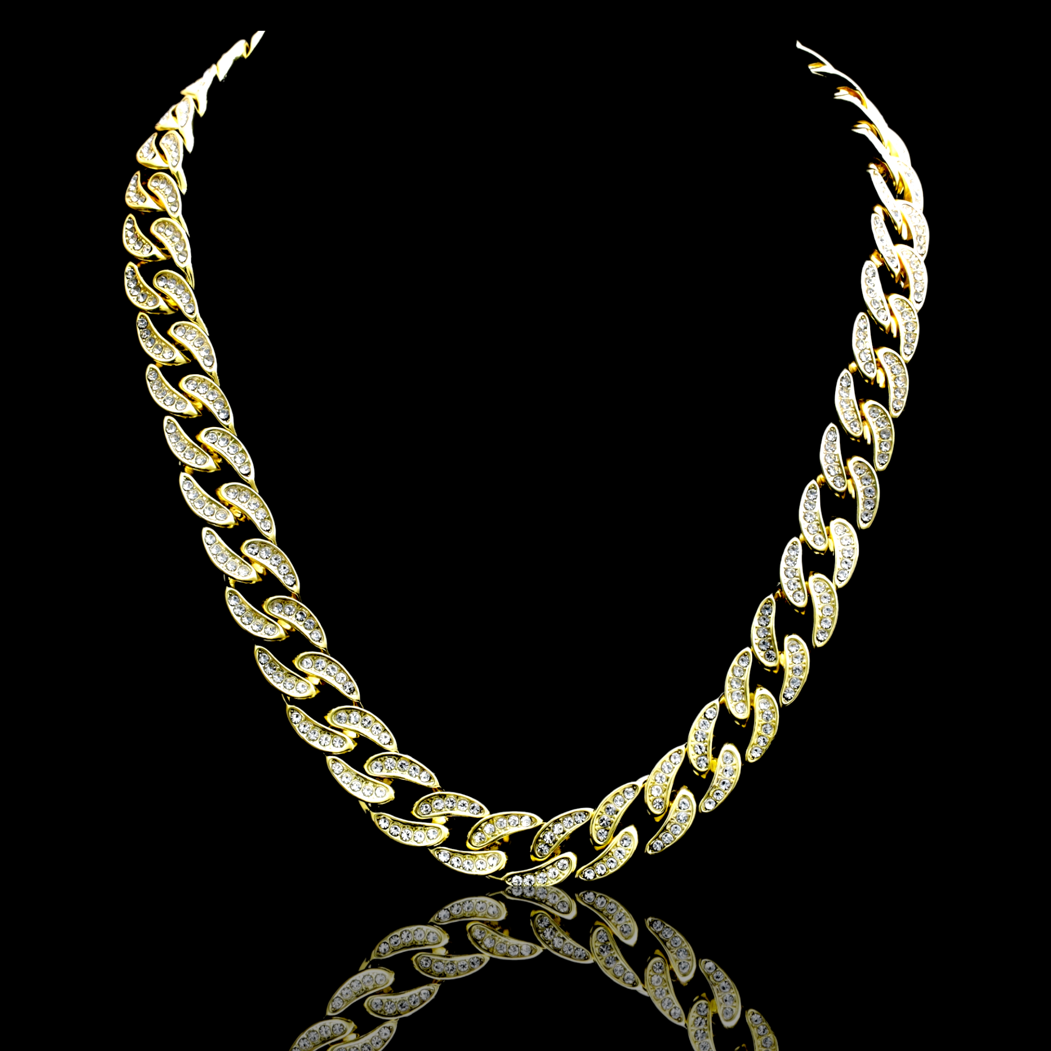 CREW BM 13 MM Cuban Chain featuring rhinestone crystals, solid brass material, and a fold-over clasp, showcasing its intricate design and bold thickness.