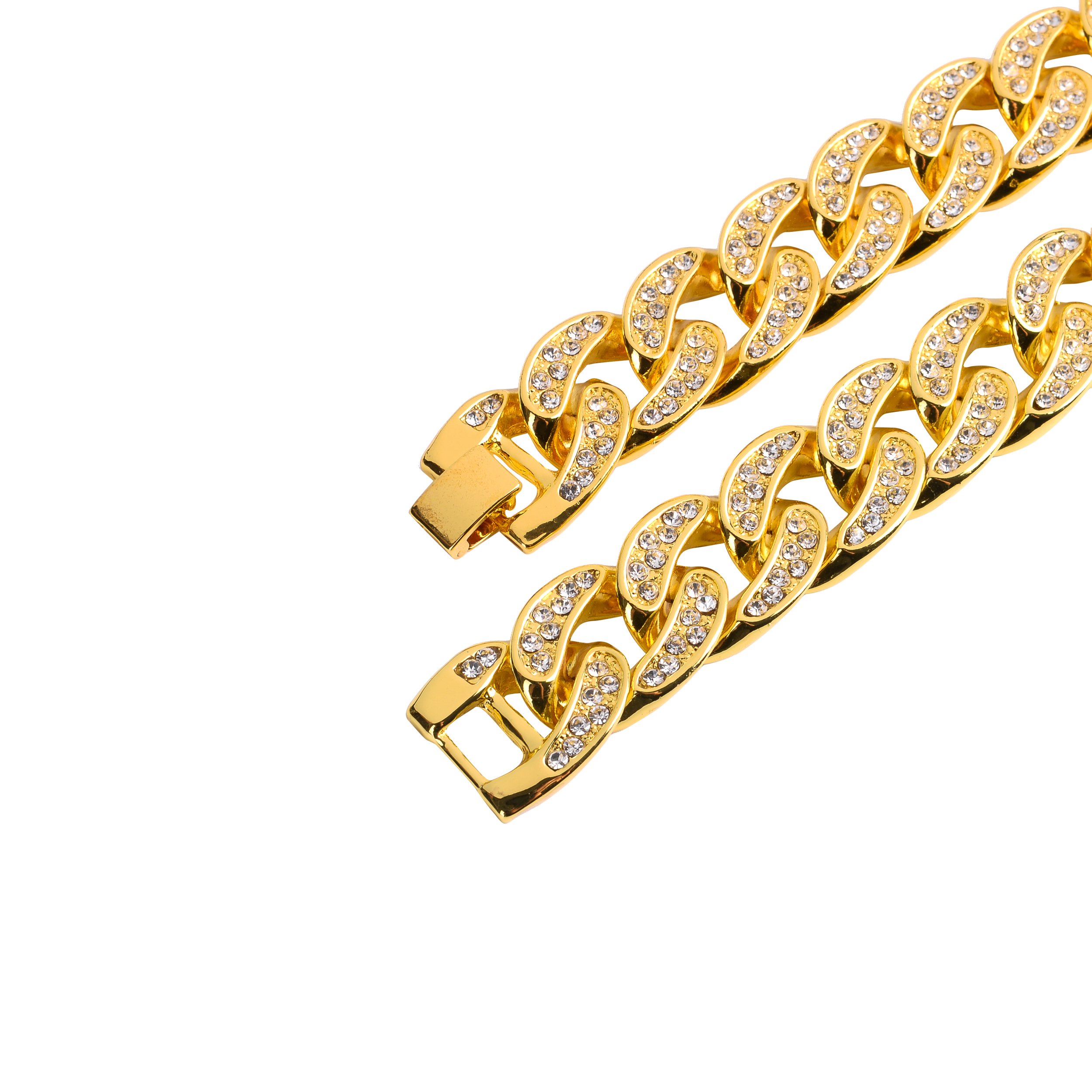 CREW BM 18 MM Cuban Chain featuring rhinestone crystals, solid brass material, and a fold-over clasp, elegantly displayed against a neutral background.