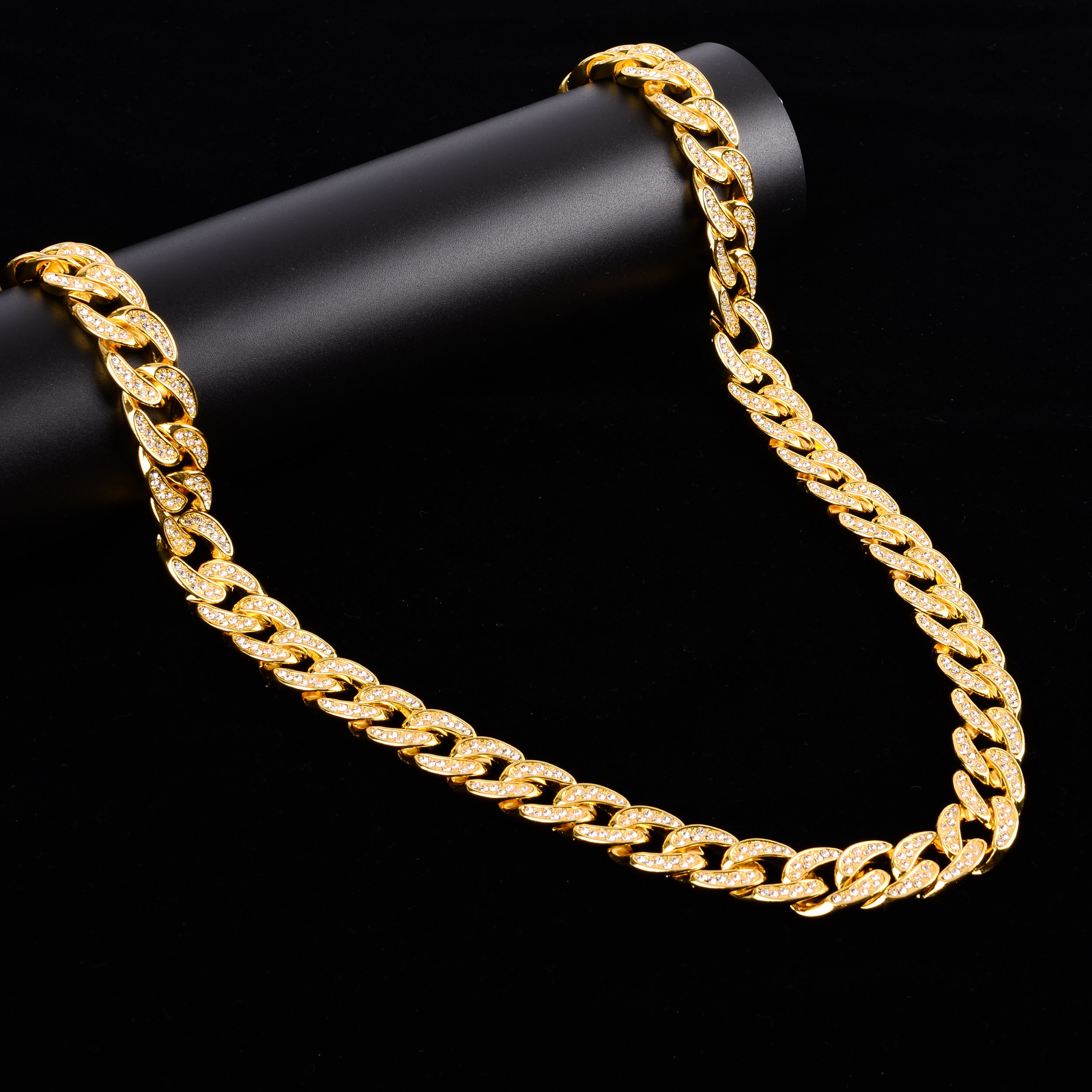 CREW BM 18 MM Cuban Chain featuring rhinestone crystals, solid brass material, and a fold-over clasp, elegantly displayed against a neutral background.