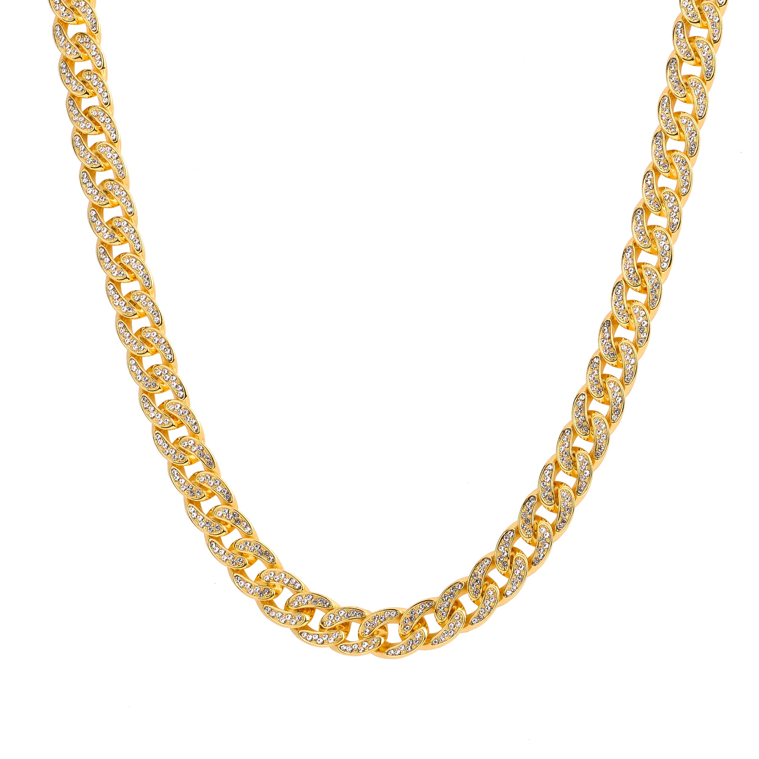 CREW BM 18 MM Cuban Chain featuring rhinestone crystals, solid brass material, and a fold-over clasp, elegantly displayed against a neutral background.