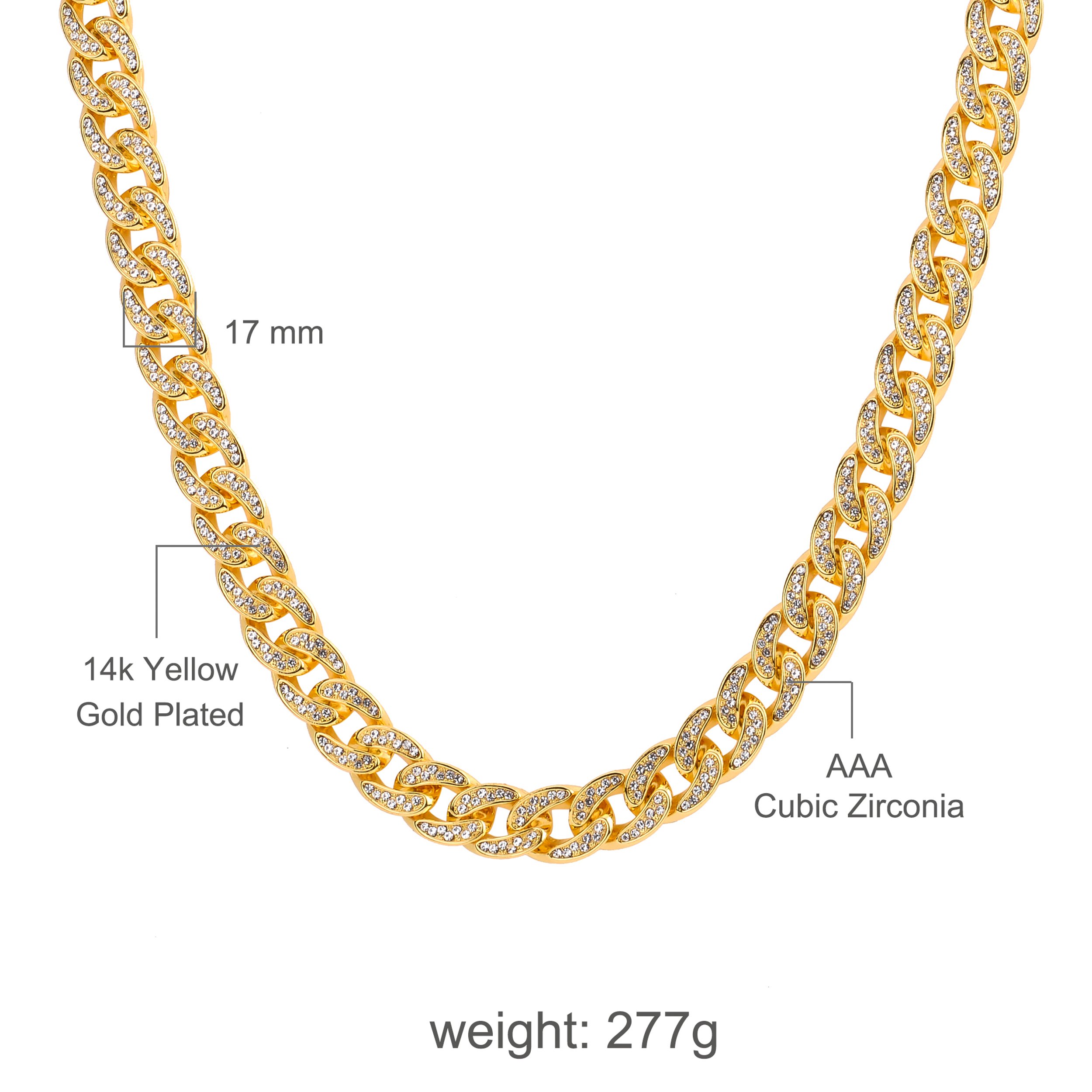 CREW BM 18 MM Cuban Chain featuring rhinestone crystals, solid brass material, and a fold-over clasp, elegantly displayed against a neutral background.