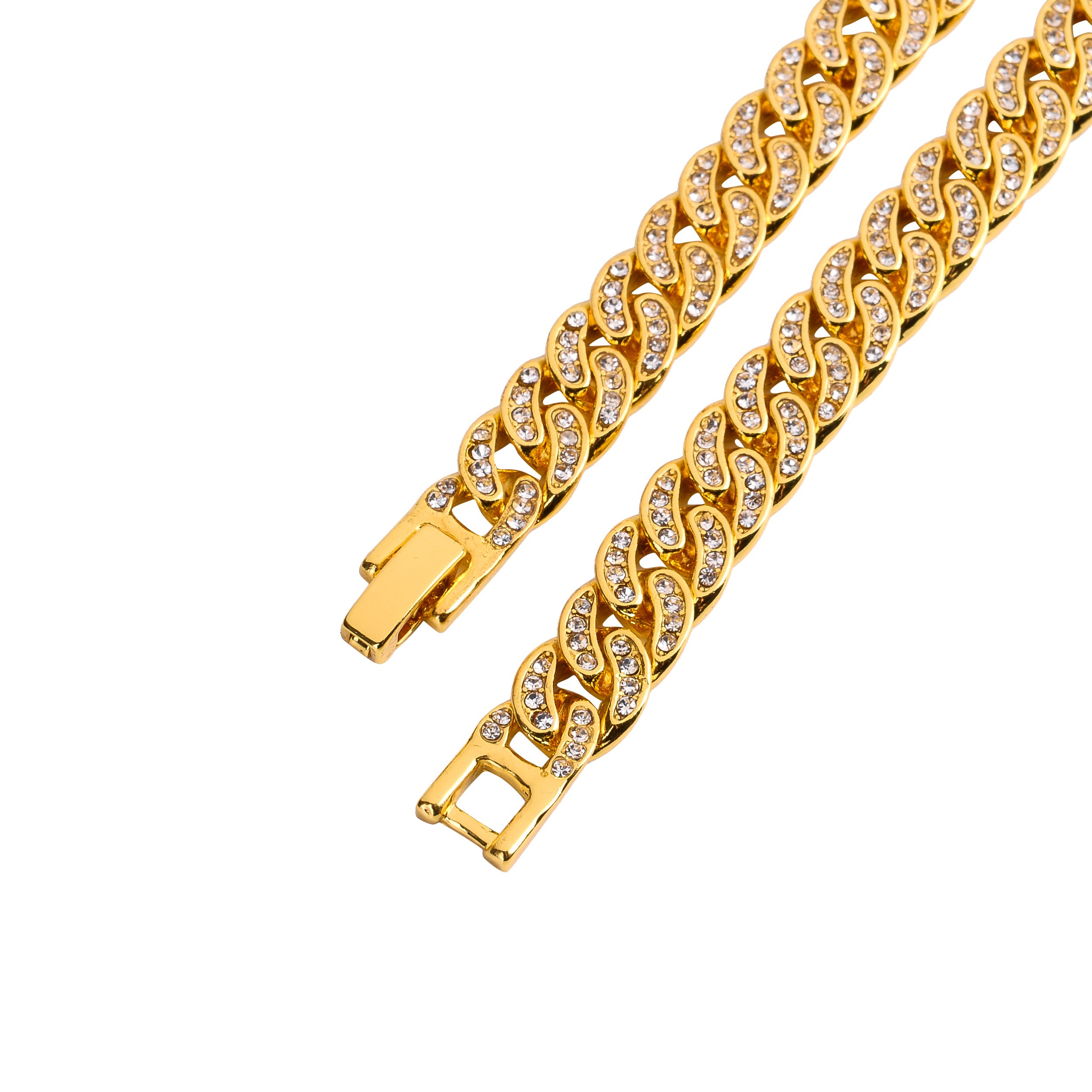 CREW BM 8 MM Cuban Chain with rhinestone crystals, showcasing a solid brass design and fold-over clasp closure.