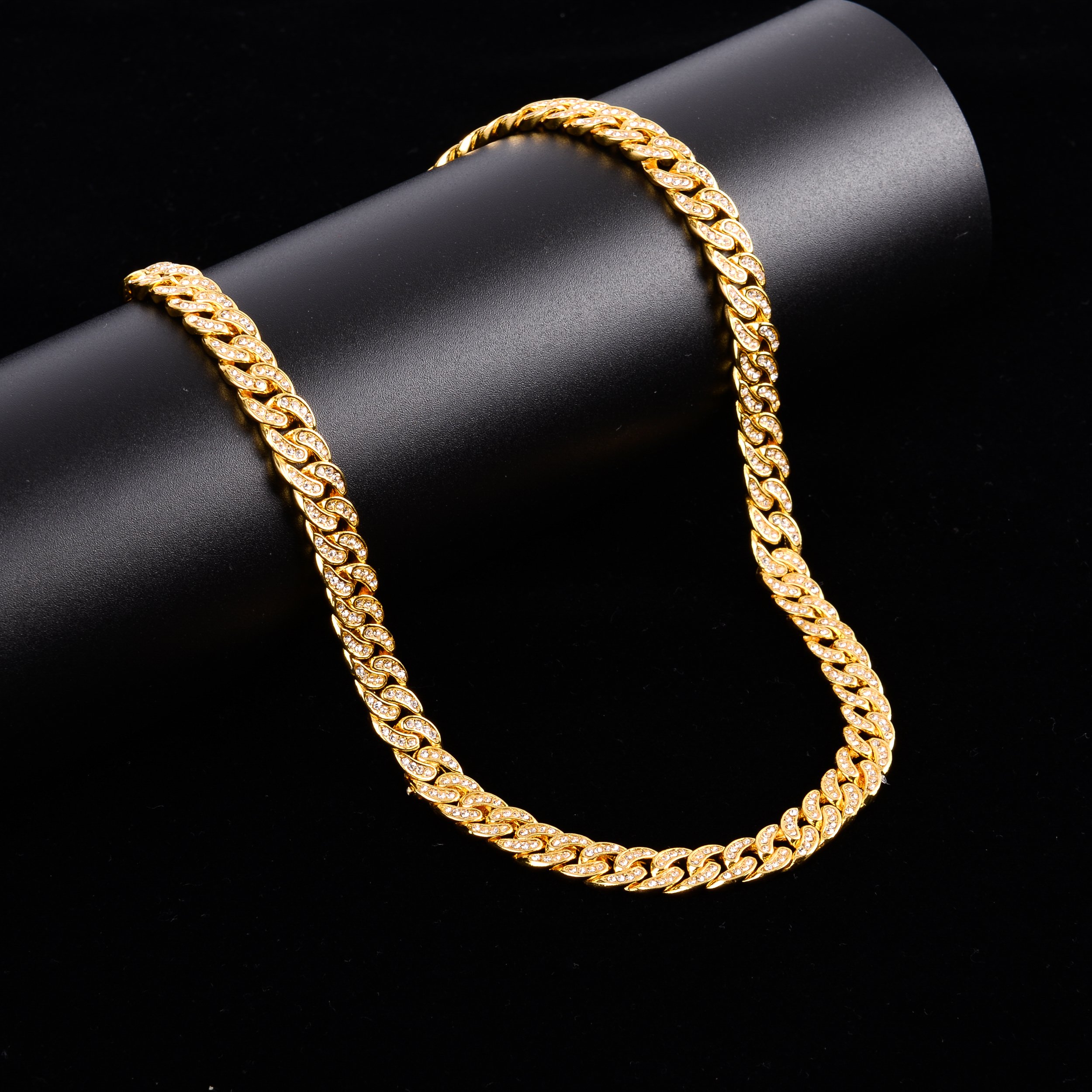 CREW BM 8 MM Cuban Chain with rhinestone crystals, showcasing a solid brass design and fold-over clasp closure.