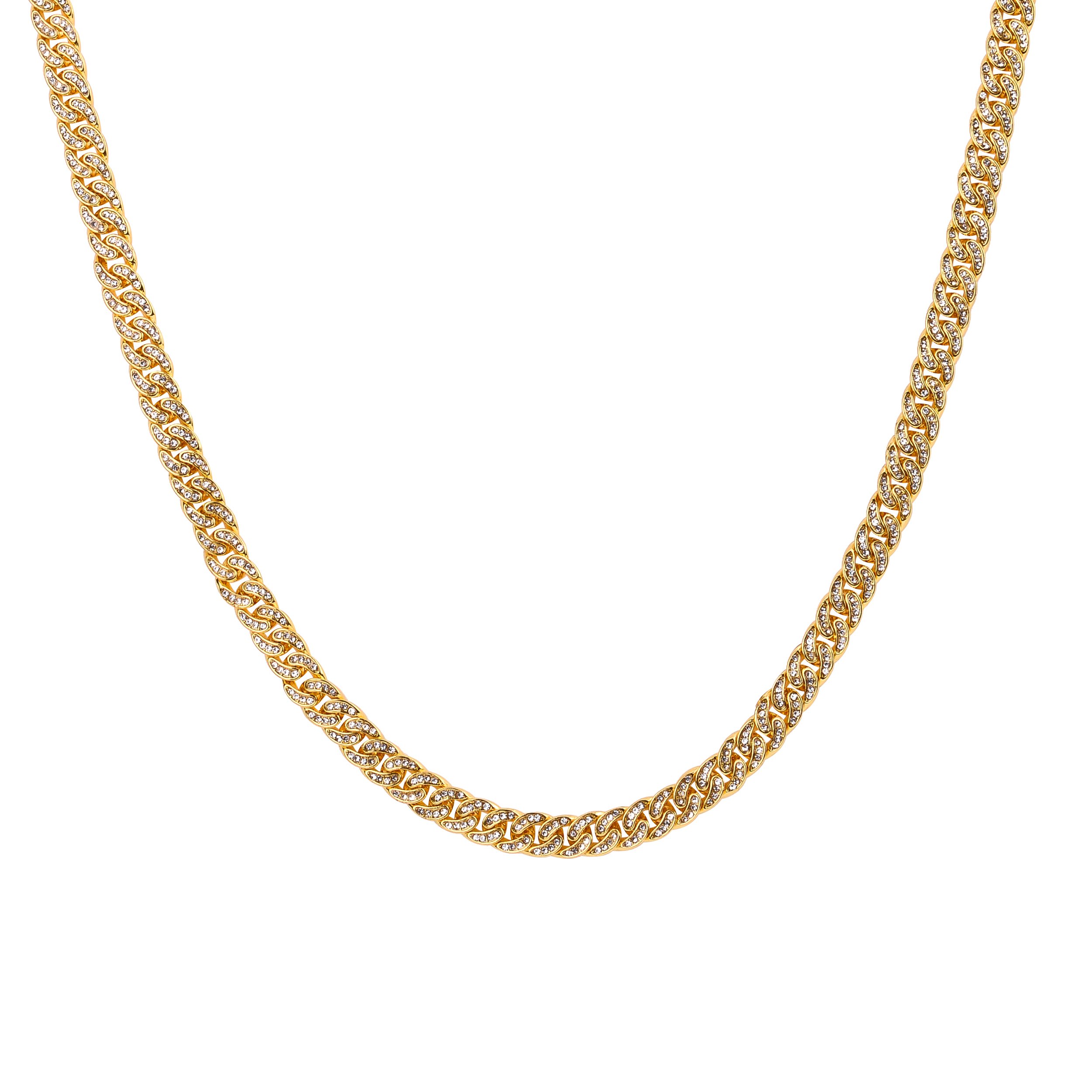 CREW BM 8 MM Cuban Chain with rhinestone crystals, showcasing a solid brass design and fold-over clasp closure.