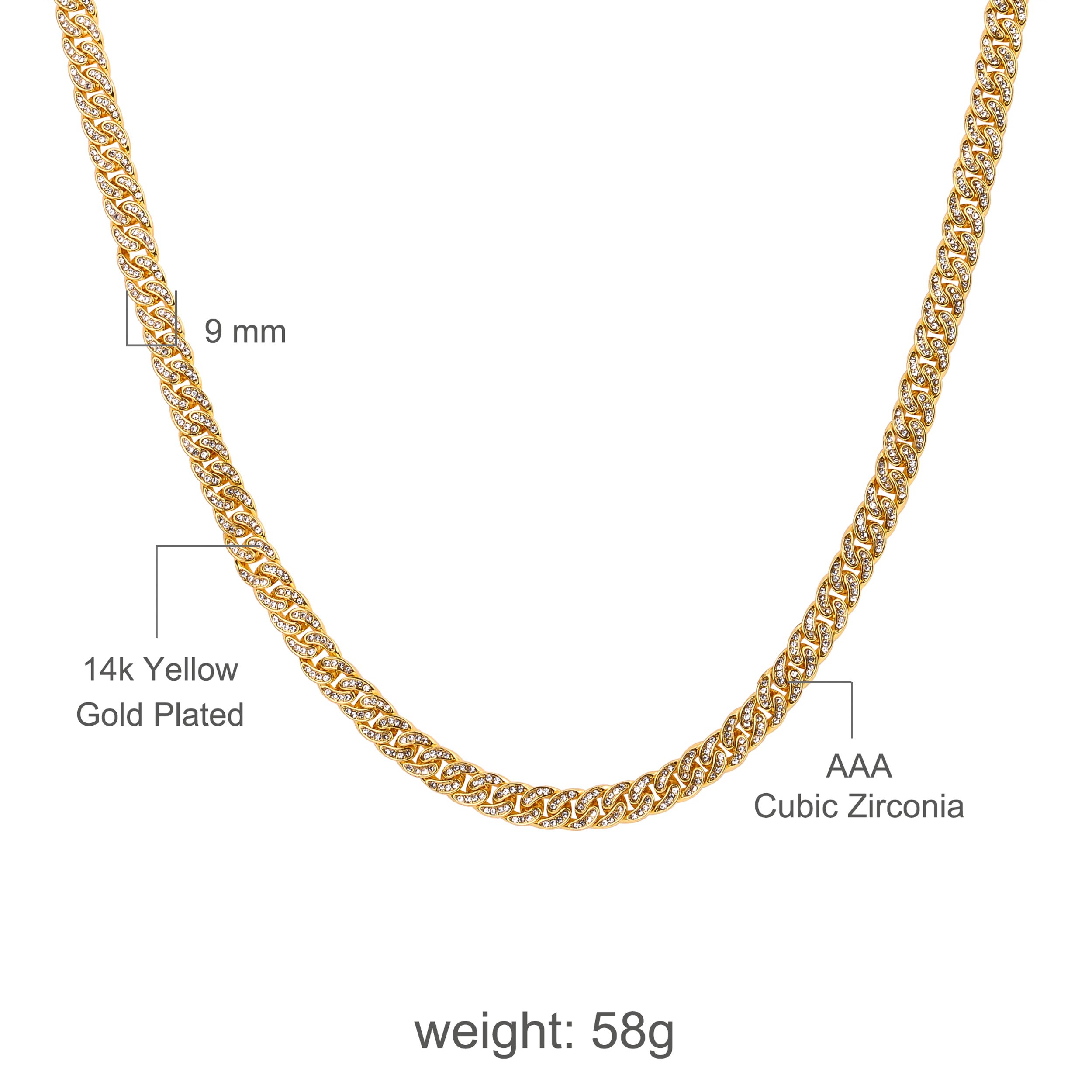 CREW BM 8 MM Cuban Chain with rhinestone crystals, showcasing a solid brass design and fold-over clasp closure.