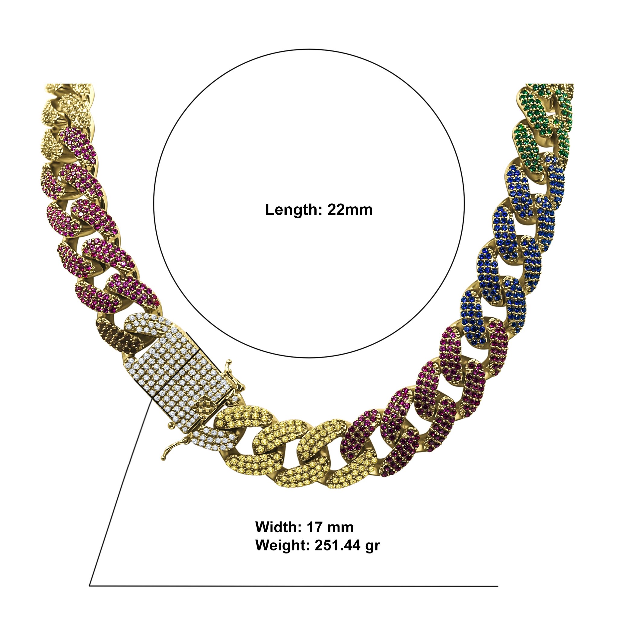 GIGANTIC 18 MM Cuban Chain featuring multi-colored cubic zirconia, showcasing its luxurious design and craftsmanship.