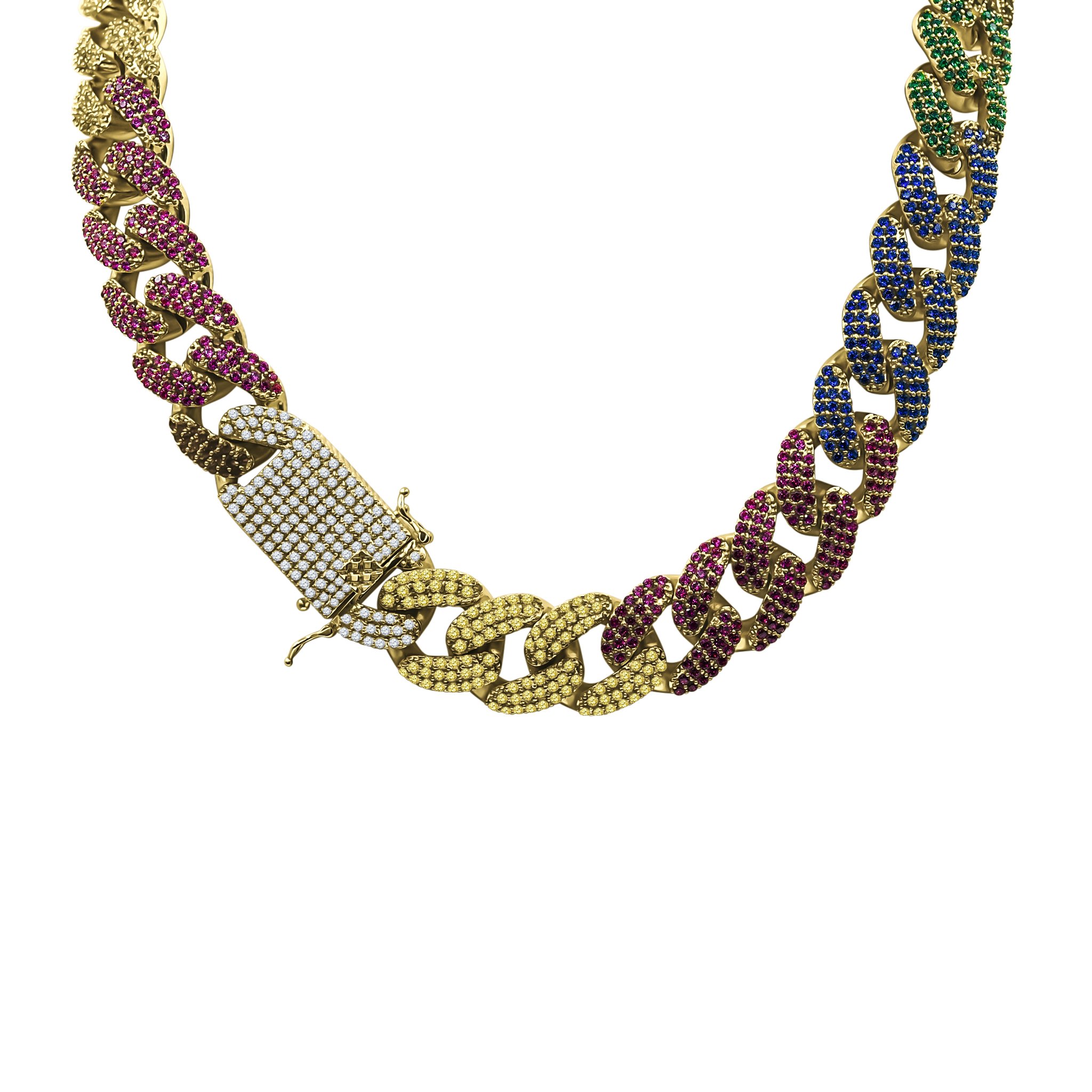 GIGANTIC 18 MM Cuban Chain featuring multi-colored cubic zirconia, showcasing its luxurious design and craftsmanship.