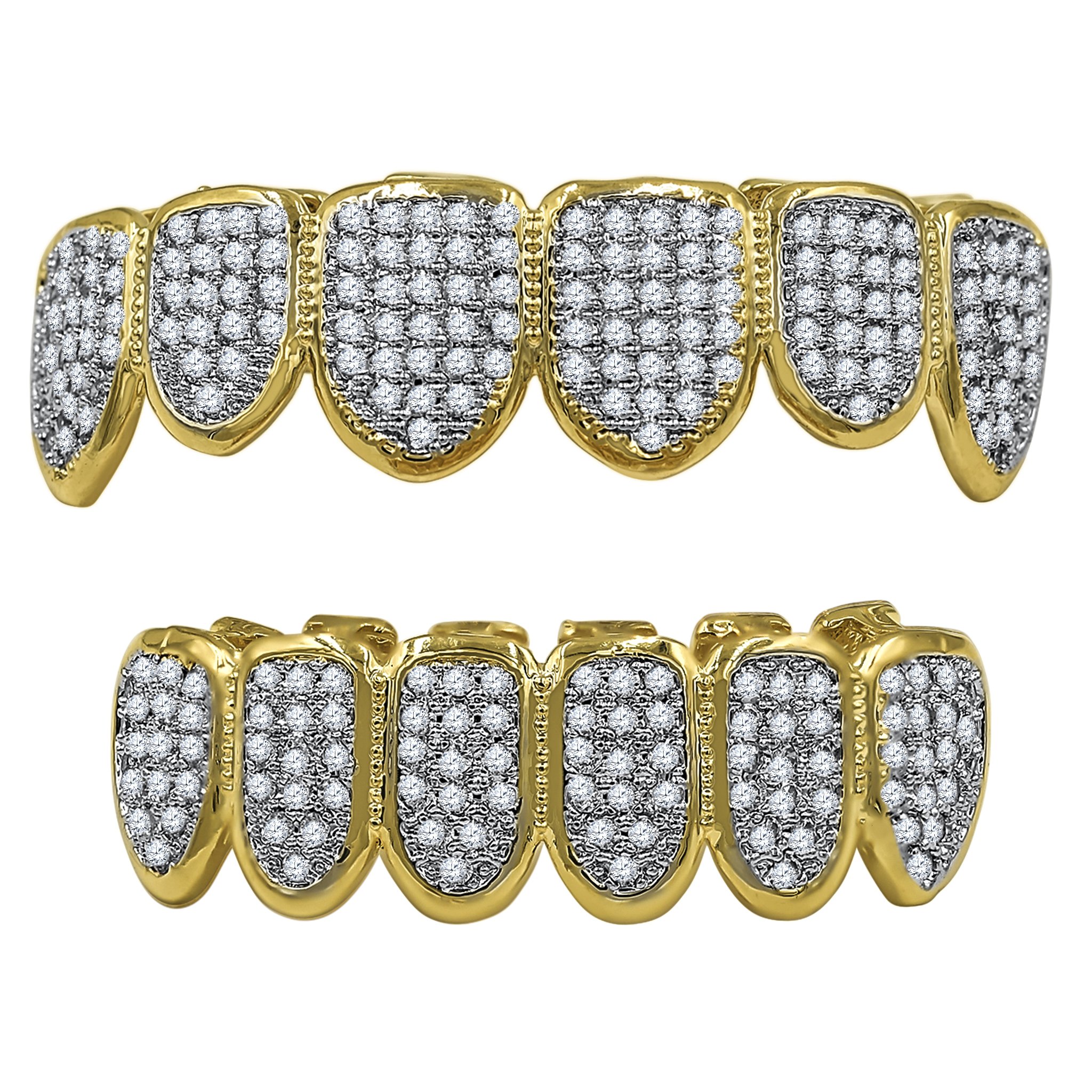 Hip Hop CZ Fang Grillz in silver and gold colors, featuring a stylish fang design, packaged in an acrylic box with a wax/mold kit.