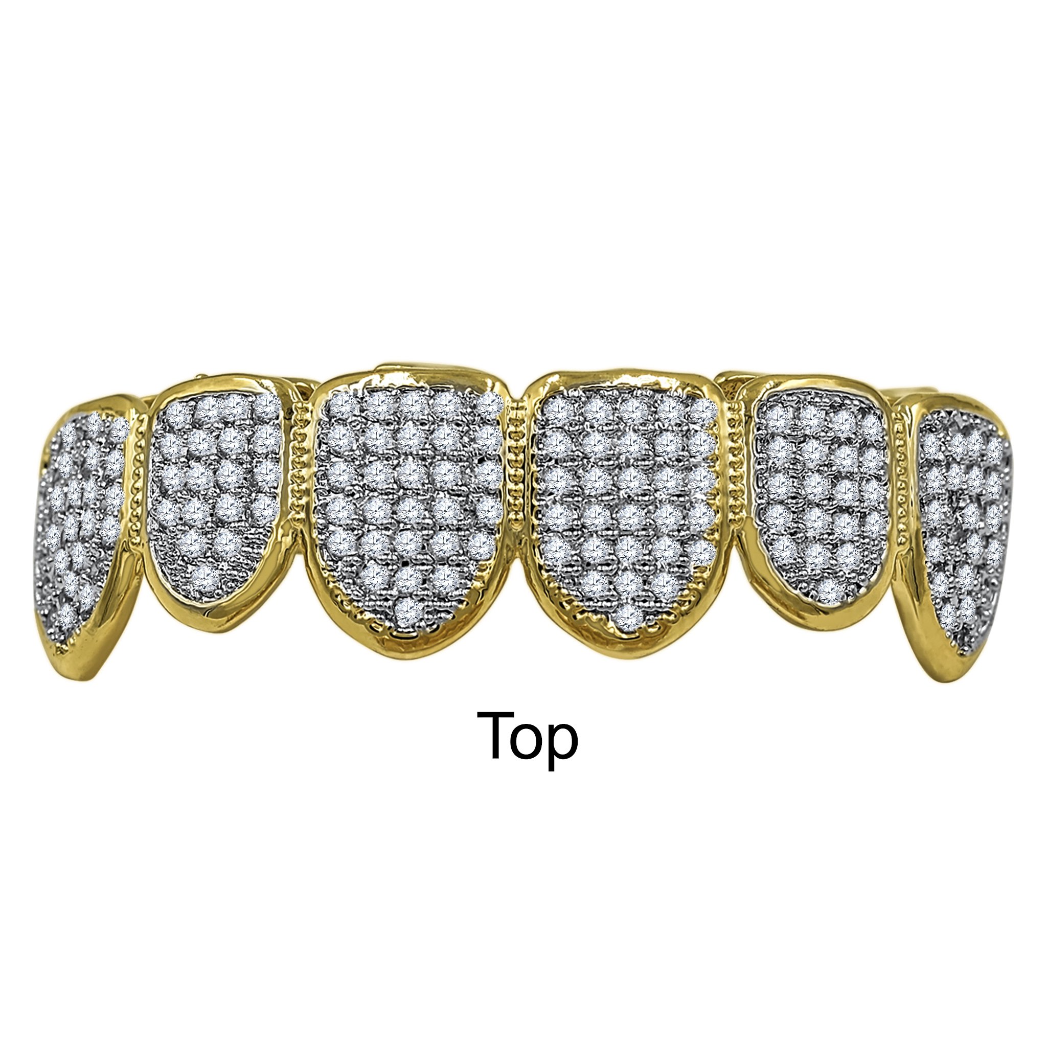 Hip Hop CZ Fang Grillz in silver and gold colors, featuring a stylish fang design, packaged in an acrylic box with a wax/mold kit.