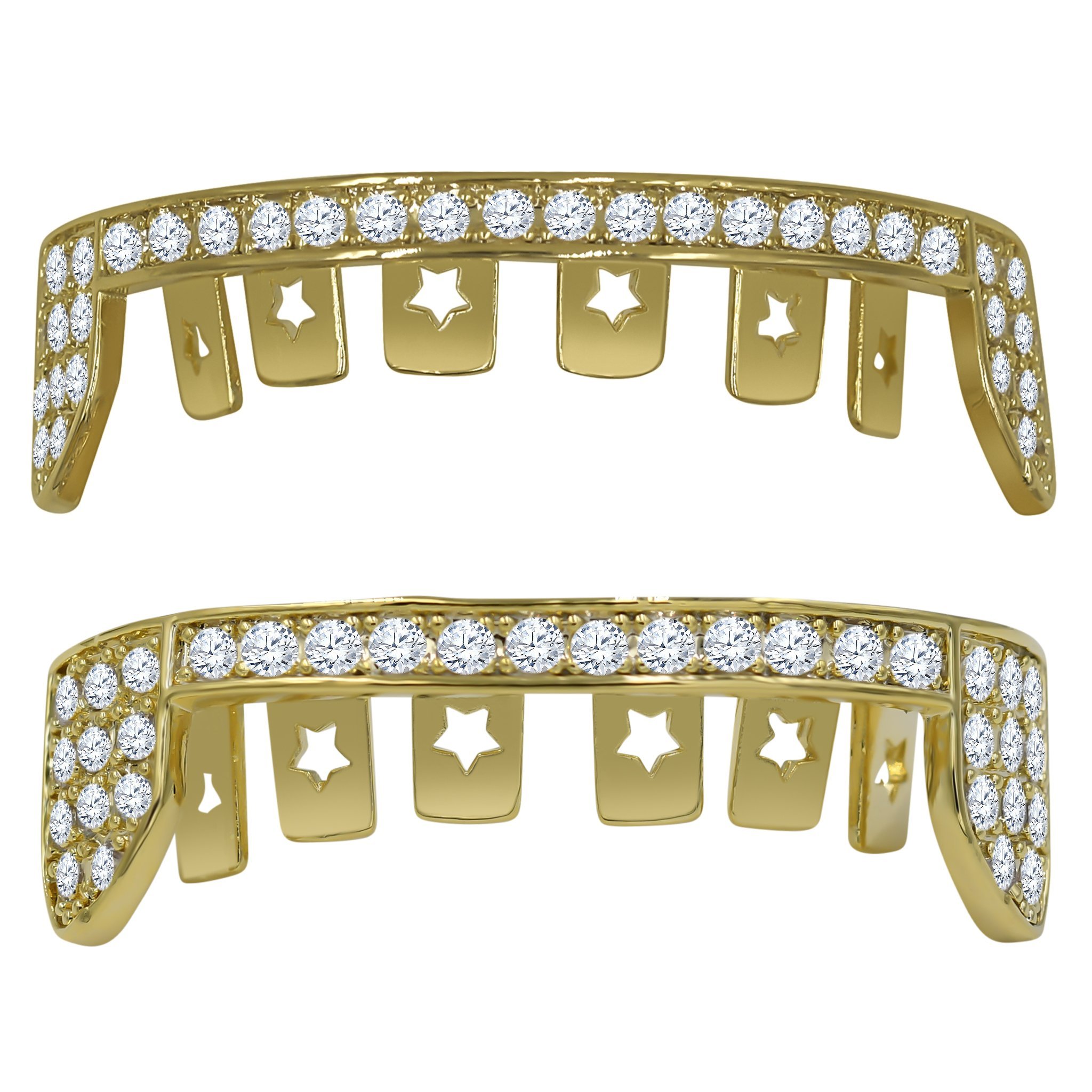 Stylish Hip Hop CZ Grillz in silver and gold color, featuring an iced-out design, displayed in an acrylic box with a wax mold for fitting.