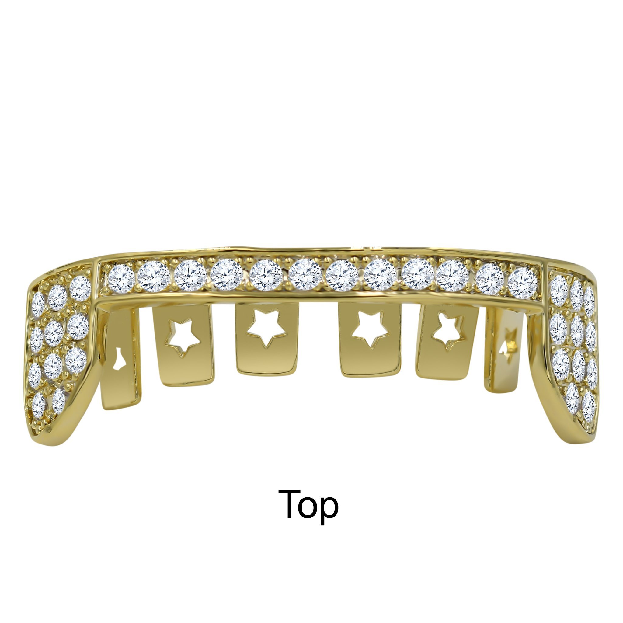 Stylish Hip Hop CZ Grillz in silver and gold color, featuring an iced-out design, displayed in an acrylic box with a wax mold for fitting.