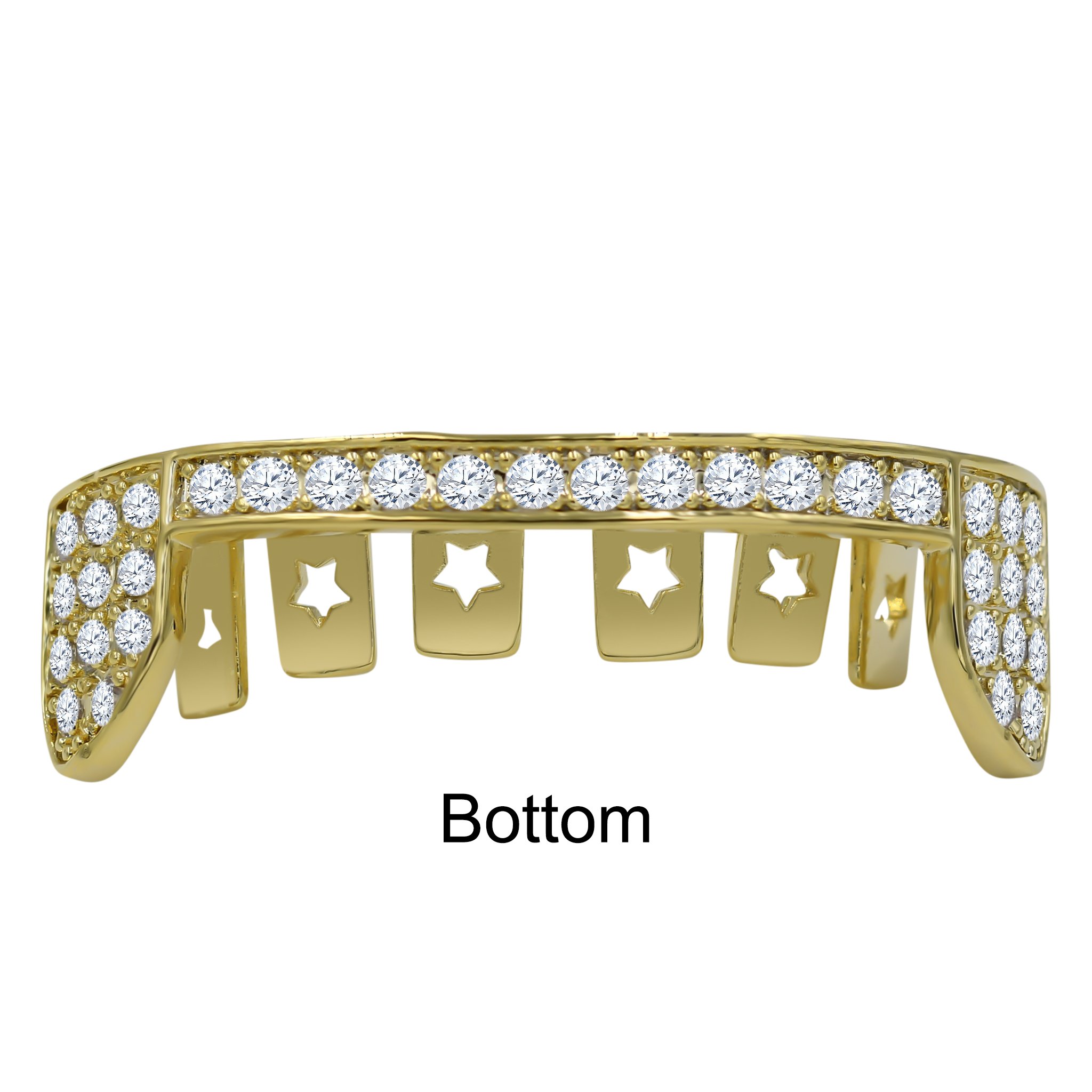 Stylish Hip Hop CZ Grillz in silver and gold color, featuring an iced-out design, displayed in an acrylic box with a wax mold for fitting.