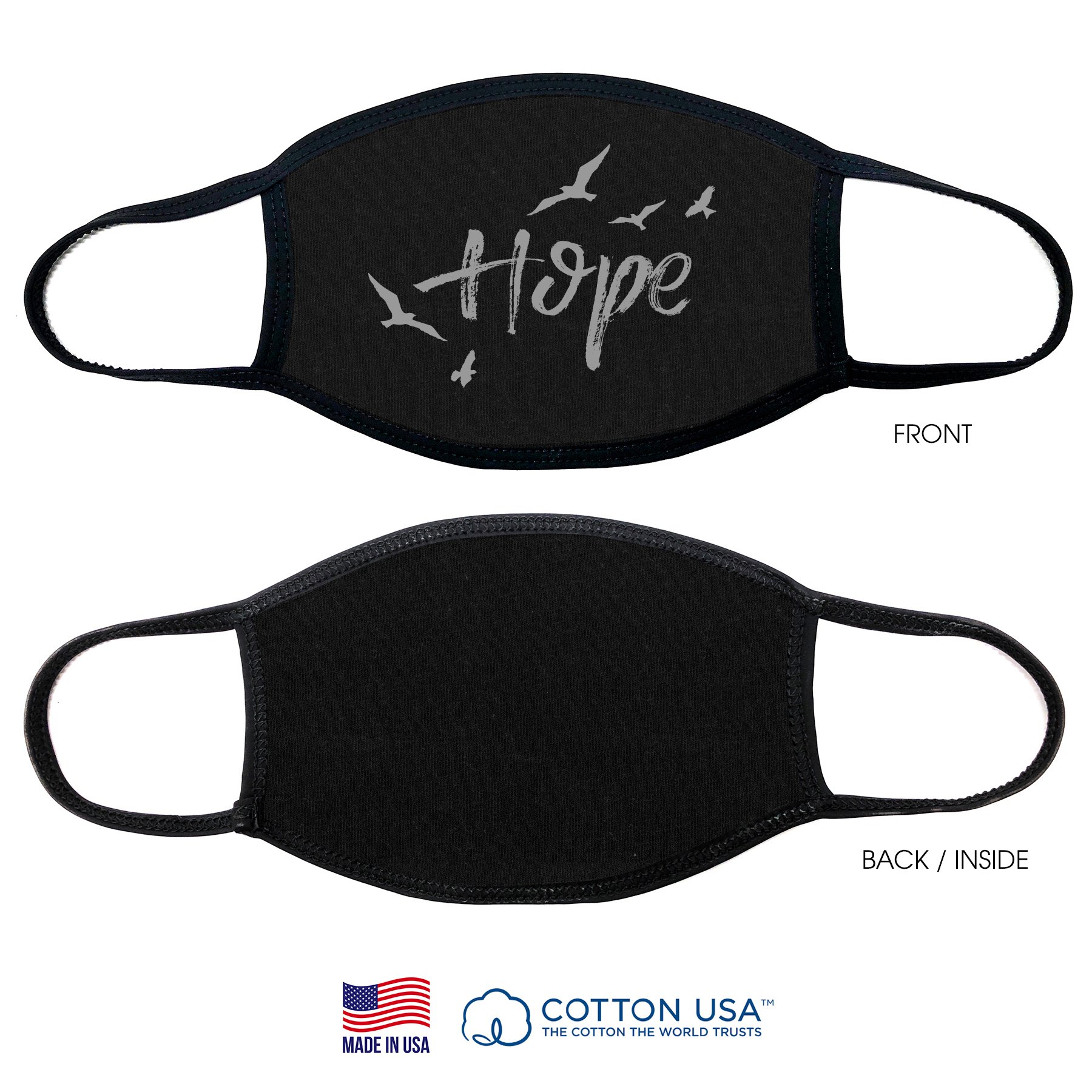 Hope Birds Face Mask featuring a colorful bird pattern, made from 100% USA cotton with comfortable elastic ear straps.