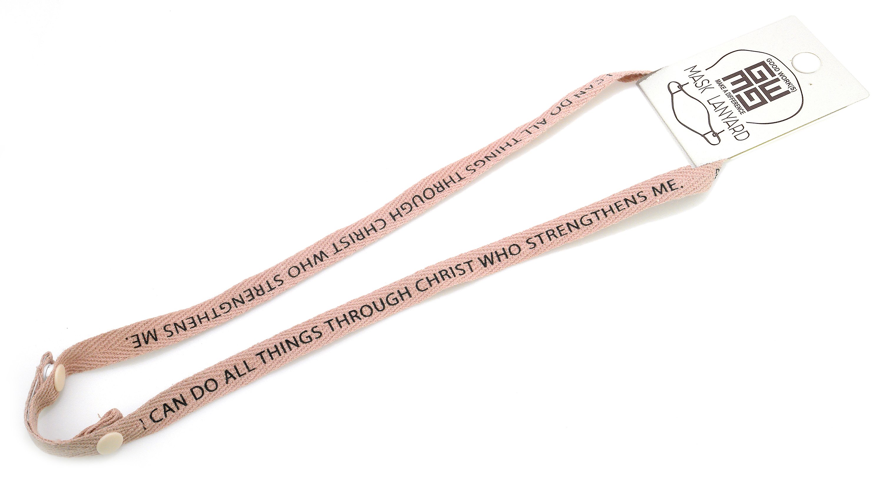 I am Face Mask Lanyard featuring a motivational quote from Philippians 4:13, made of cotton twill with a snap closure.