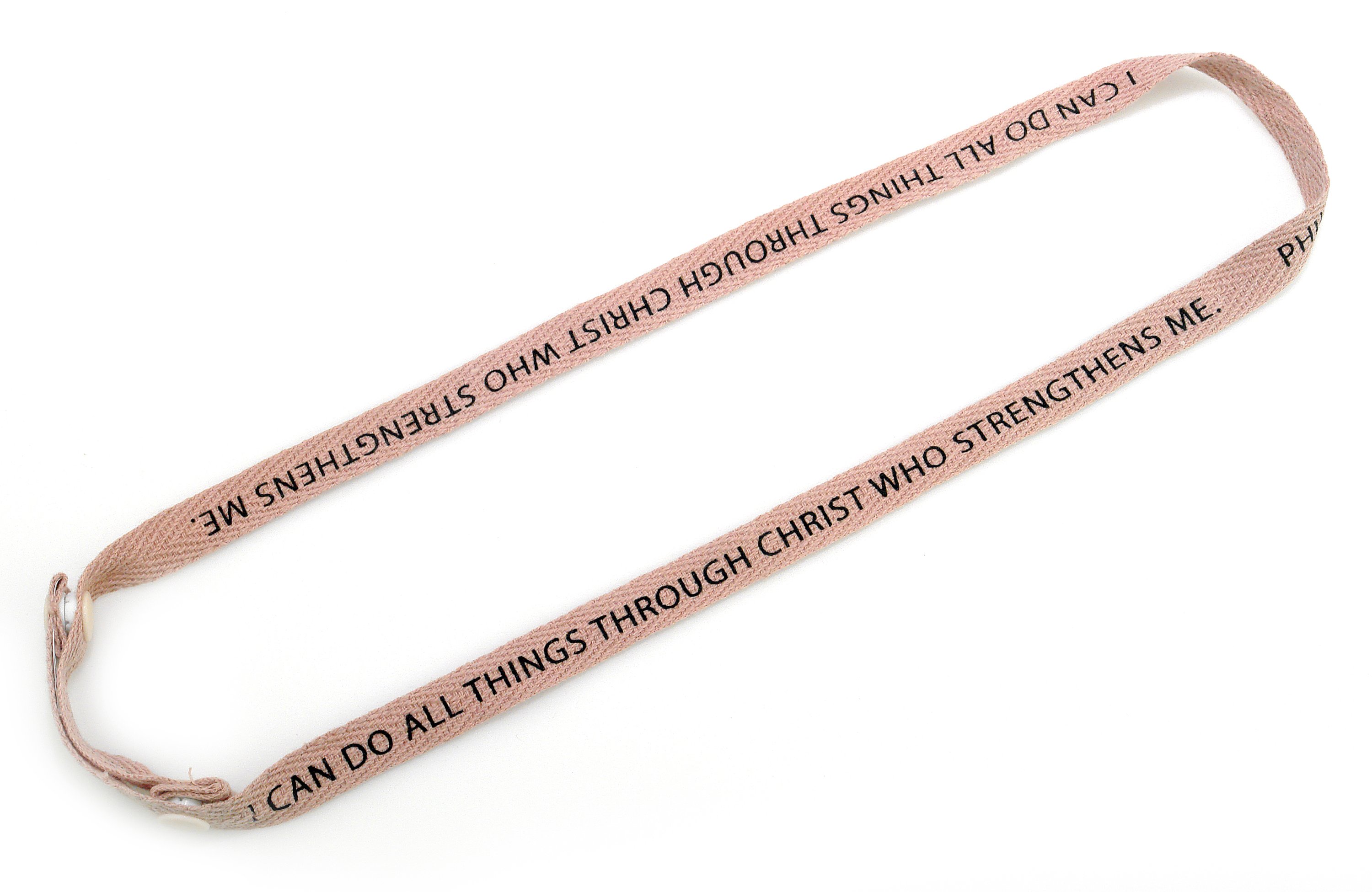 I am Face Mask Lanyard featuring a motivational quote from Philippians 4:13, made of cotton twill with a snap closure.