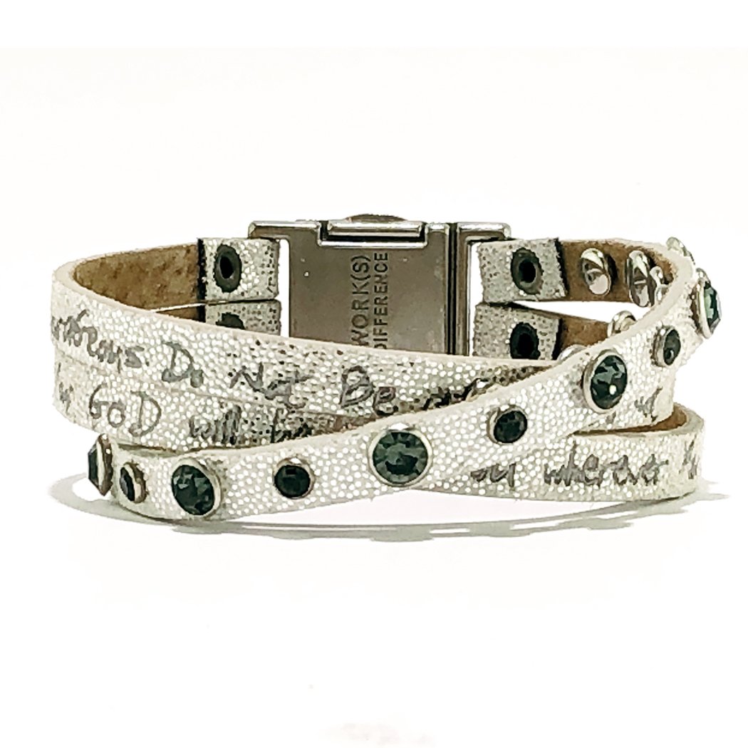 Joshua 1:9 Bible Verse Trio bracelet in Stardust Silver featuring leather and smoke crystals, with an inspiring scripture.