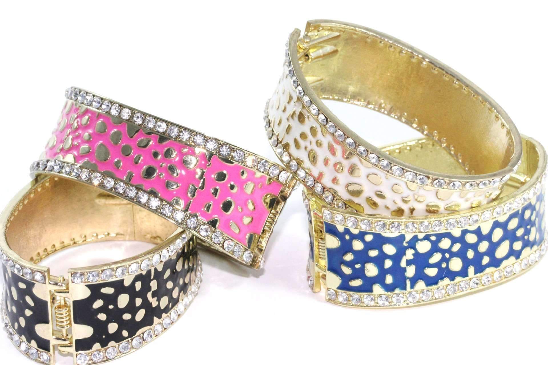 Leopard Design Hinged Cuff Bangle in vibrant colors with white crystal accents, showcasing a stylish and elegant design.