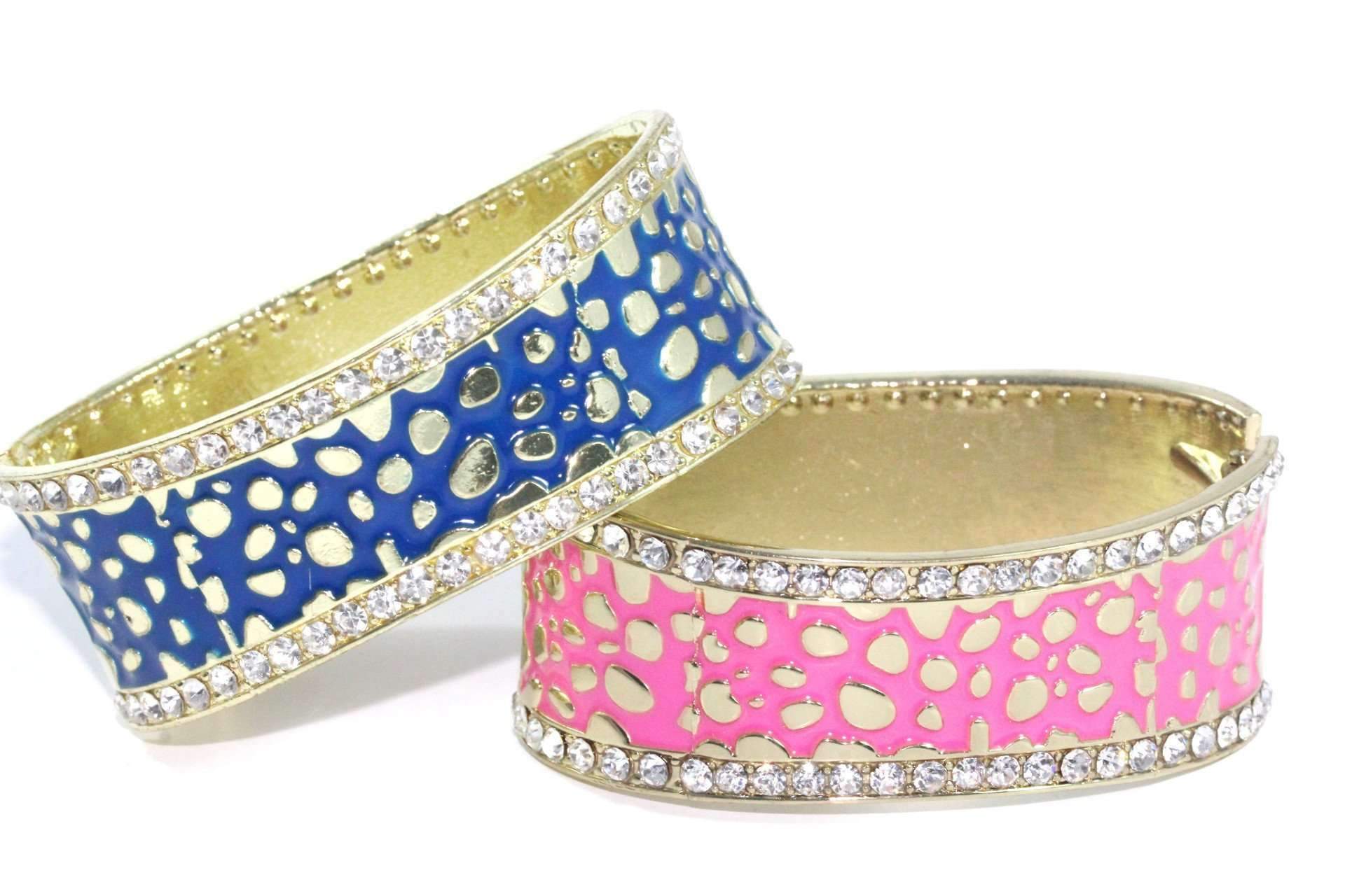 Leopard Design Hinged Cuff Bangle in vibrant colors with white crystal accents, showcasing a stylish and elegant design.