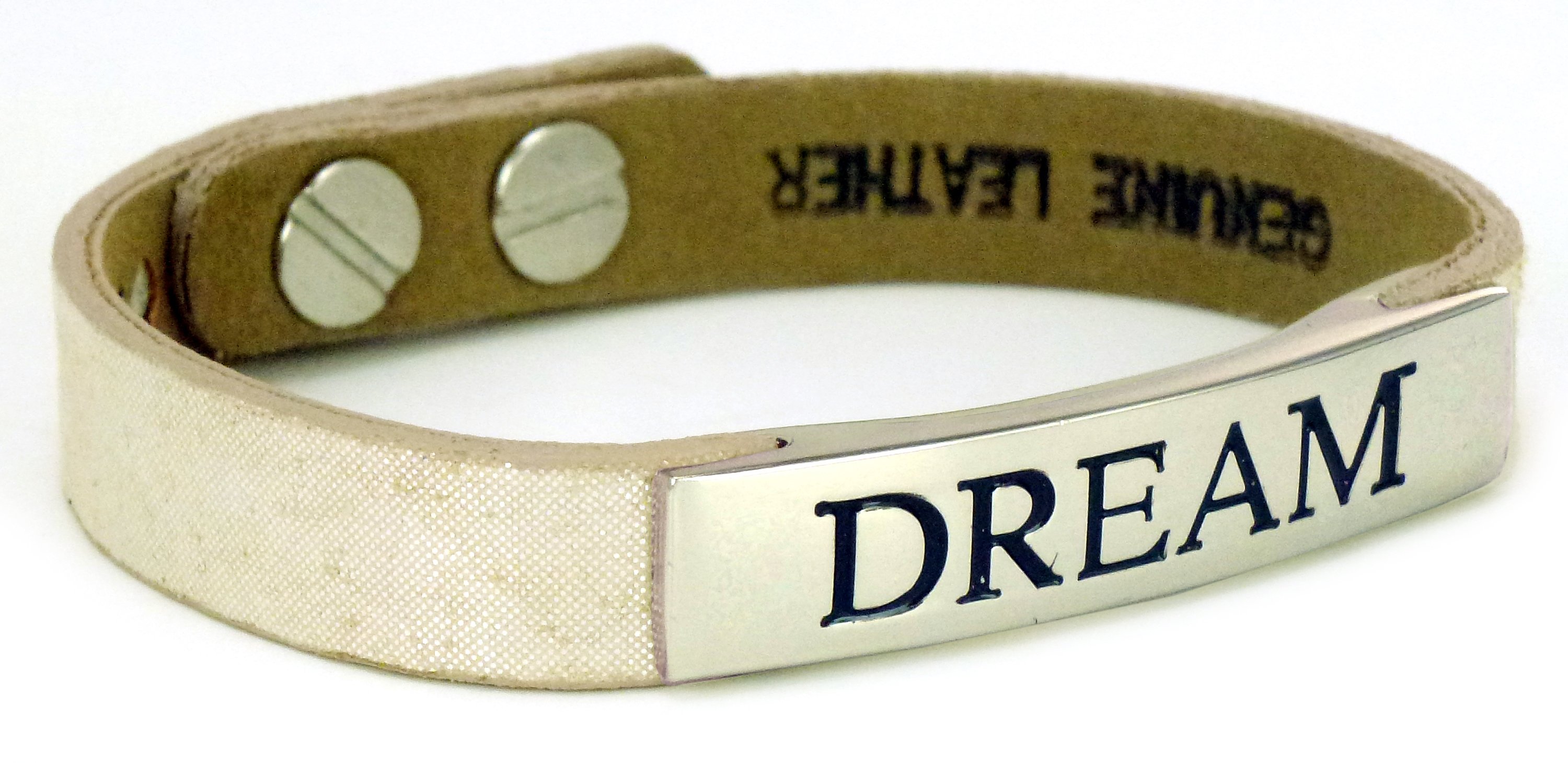 Life's Inspiration Bracelet featuring adjustable leather and alloy design with inspiring words: Faith, Imagine, Hope, Dream.